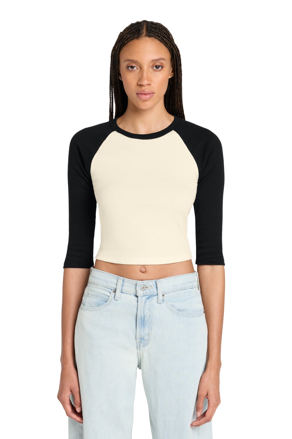 Custom logo BELLA+CANVAS® Women's Micro Rib 3/4 Raglan Baby Tee BC1200 in Natural/ Black