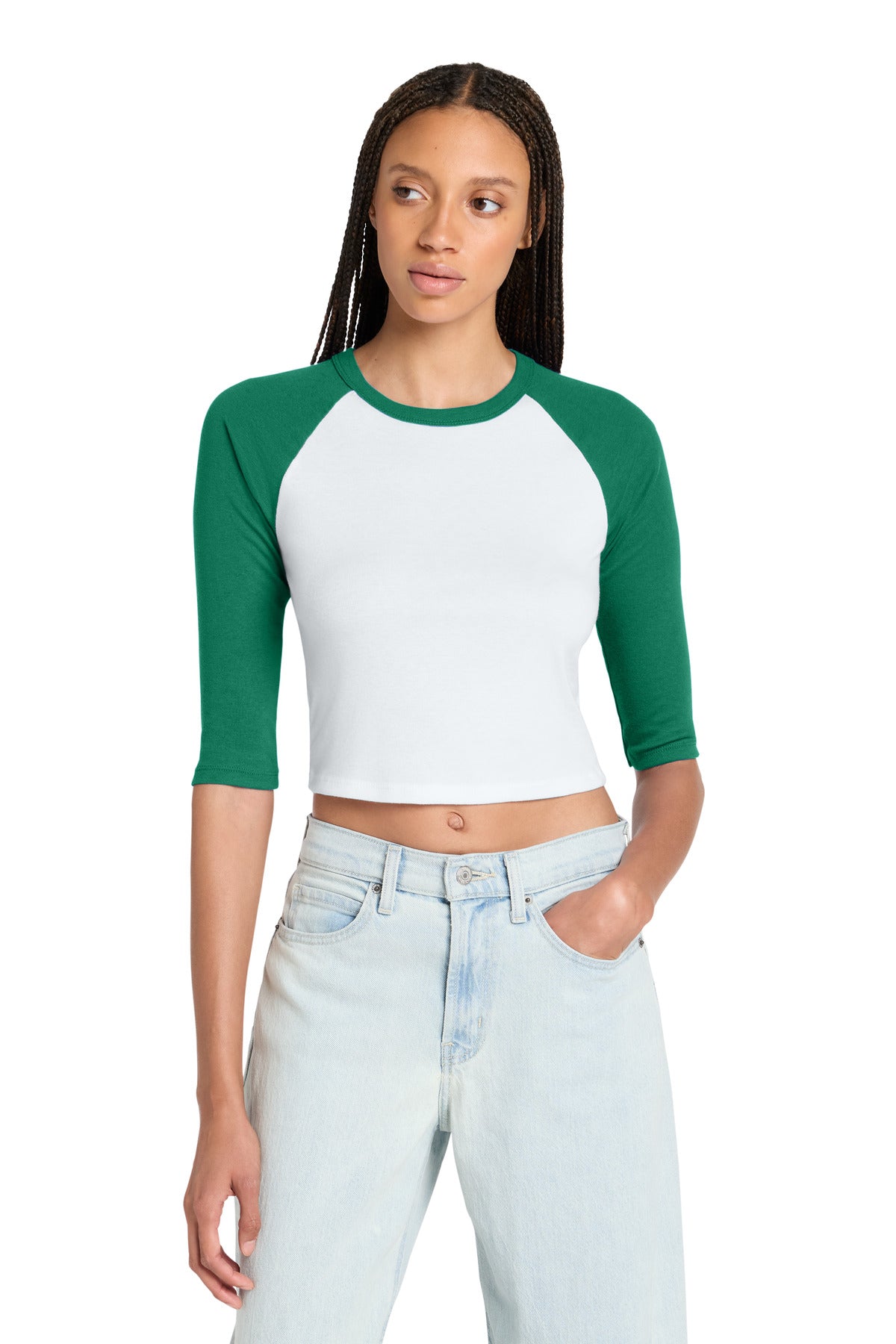 Custom logo BELLA+CANVAS® Women's Micro Rib 3/4 Raglan Baby Tee BC1200 in White/ Kelly
