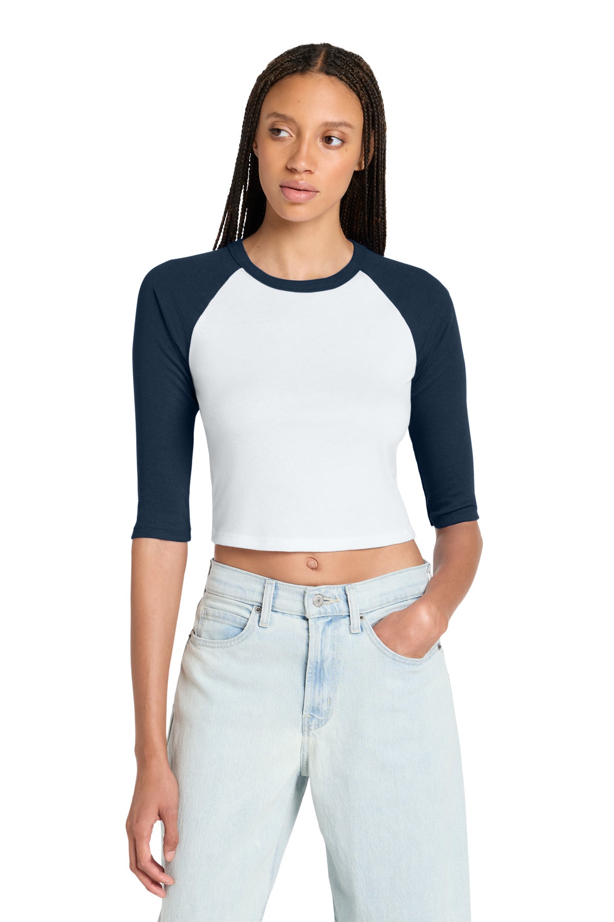 Custom logo BELLA+CANVAS® Women's Micro Rib 3/4 Raglan Baby Tee BC1200 in White/ Navy