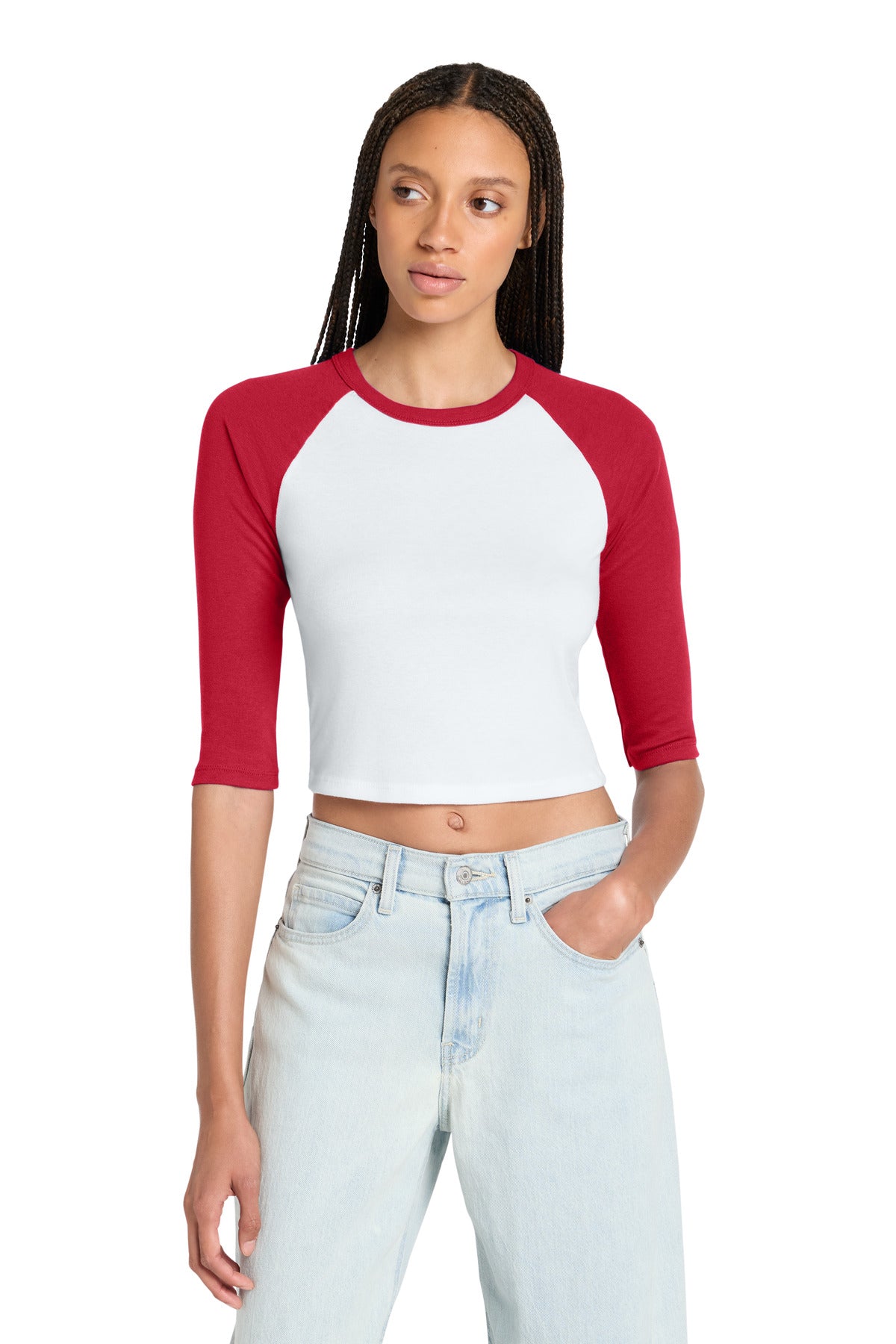 Custom logo BELLA+CANVAS® Women's Micro Rib 3/4 Raglan Baby Tee BC1200 in White/ Red