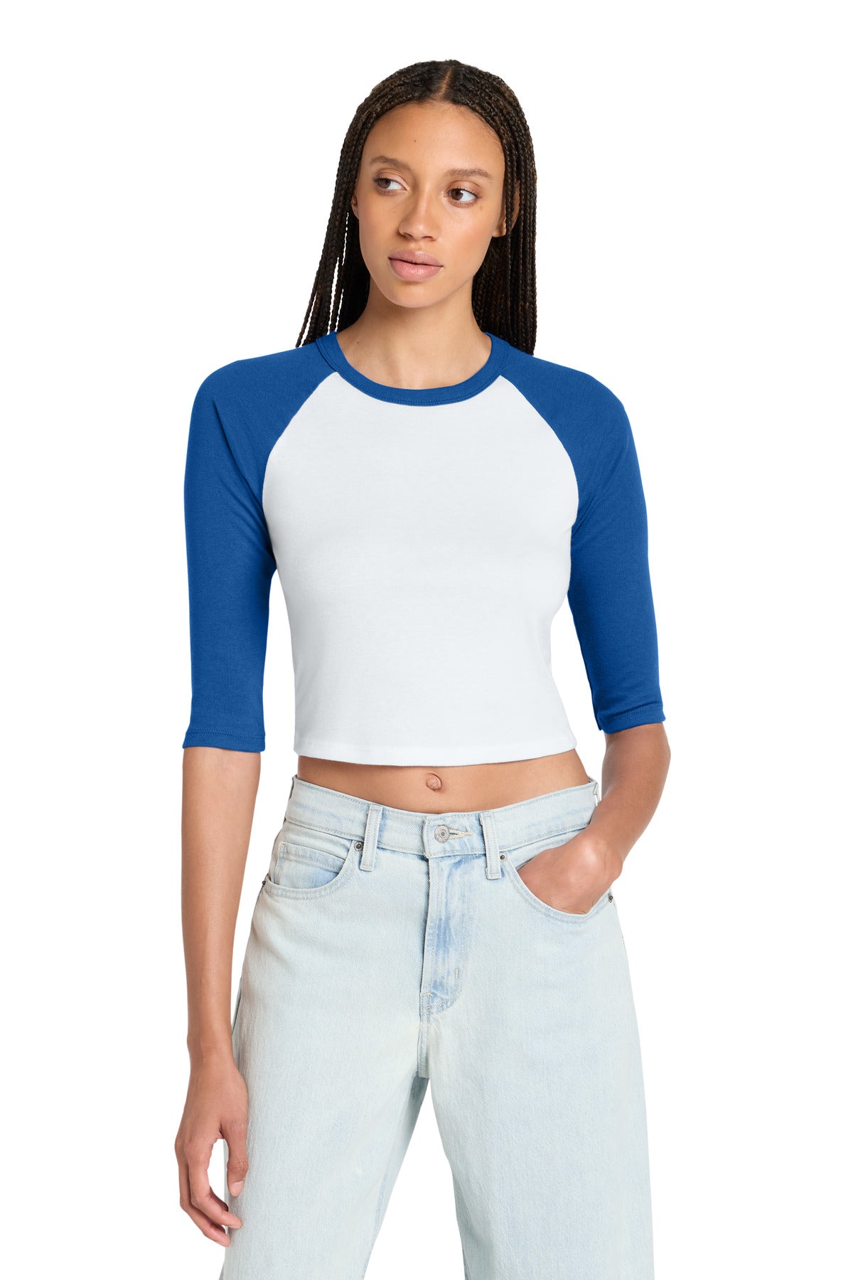 Custom logo BELLA+CANVAS® Women's Micro Rib 3/4 Raglan Baby Tee BC1200 in White/ True Royal