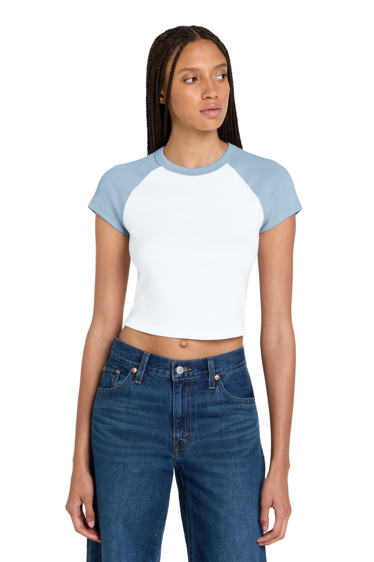 Custom logo BELLA+CANVAS® Women's Micro Rib Raglan Baby Tee BC1201 in White/ Baby Blue