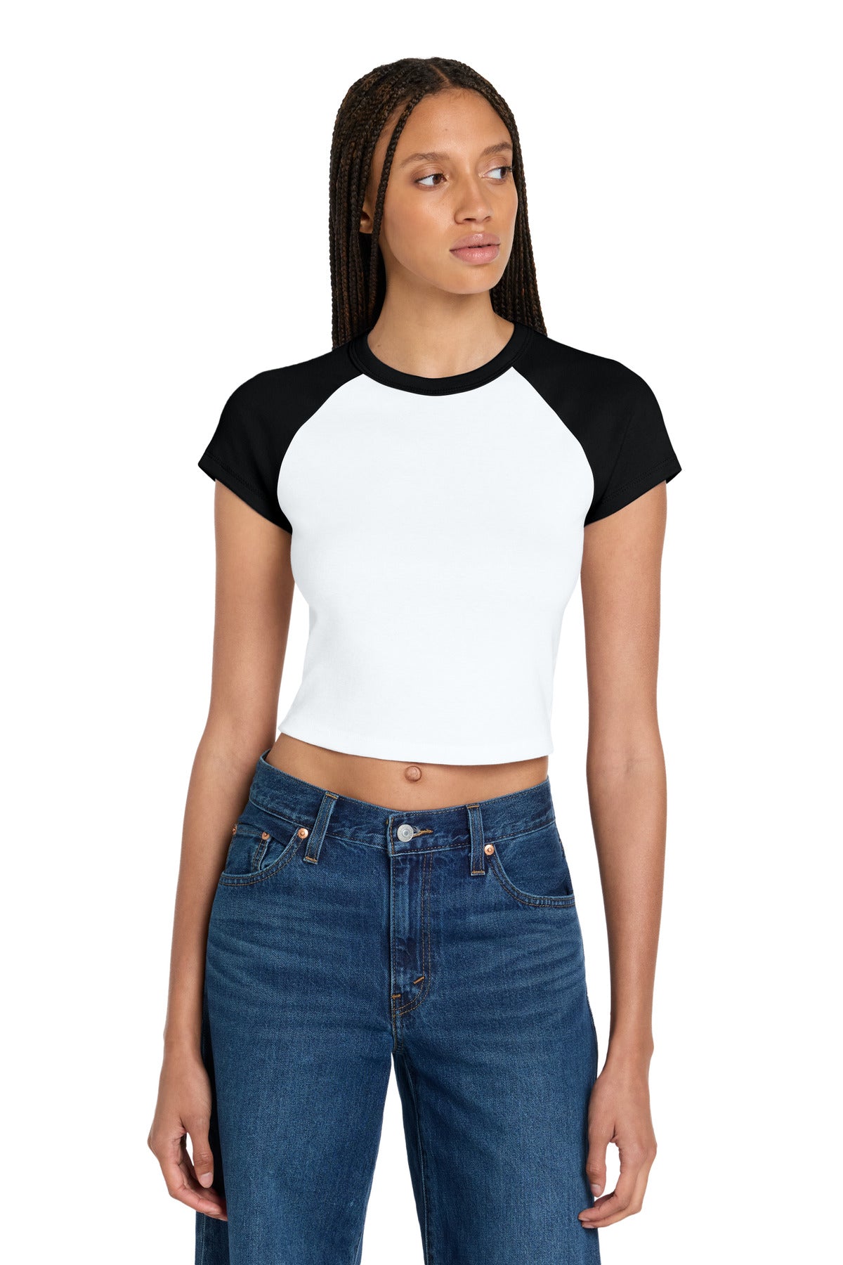 Custom logo BELLA+CANVAS® Women's Micro Rib Raglan Baby Tee BC1201 in White/ Black