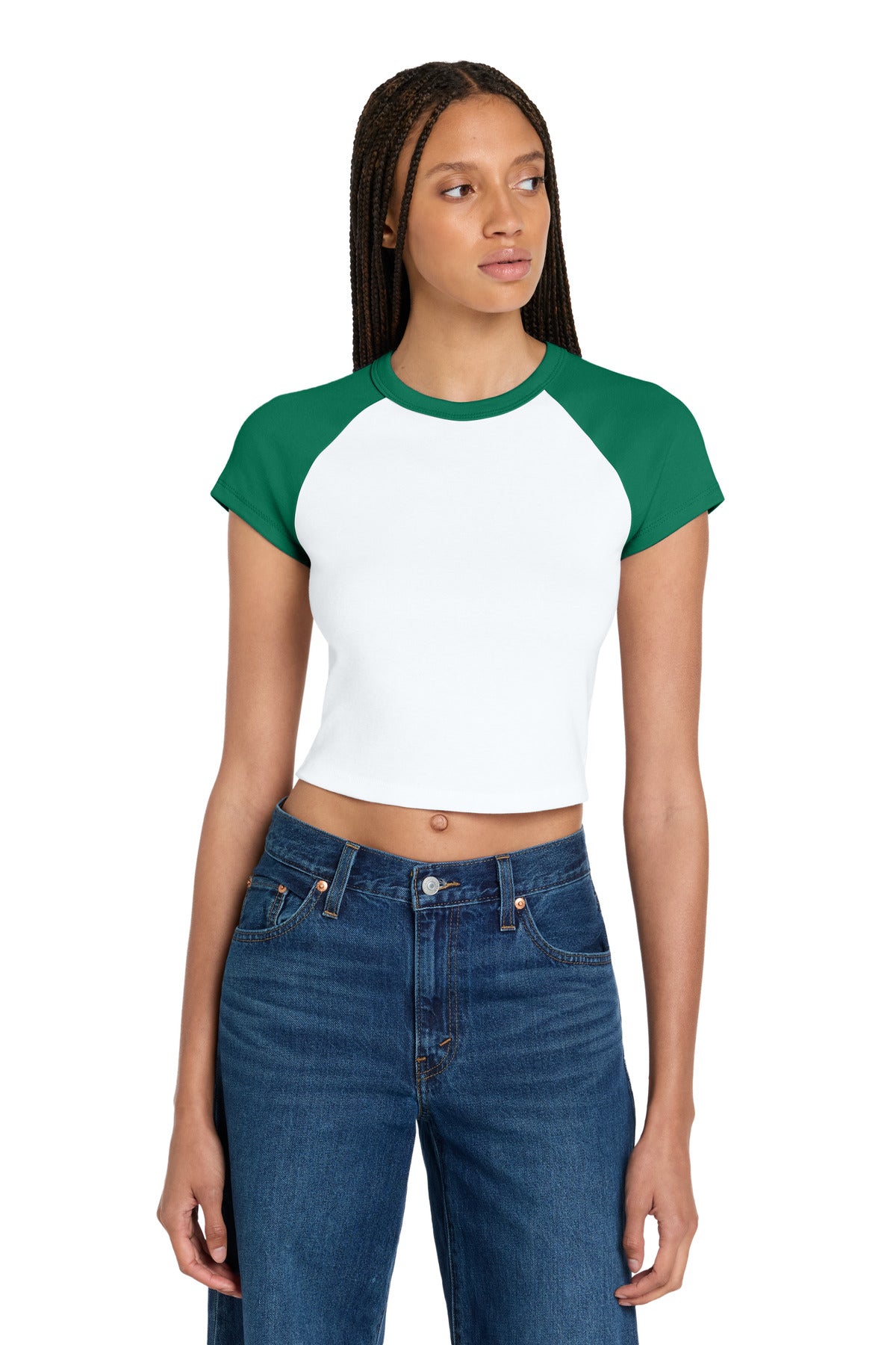 Custom logo BELLA+CANVAS® Women's Micro Rib Raglan Baby Tee BC1201 in White/ Kelly