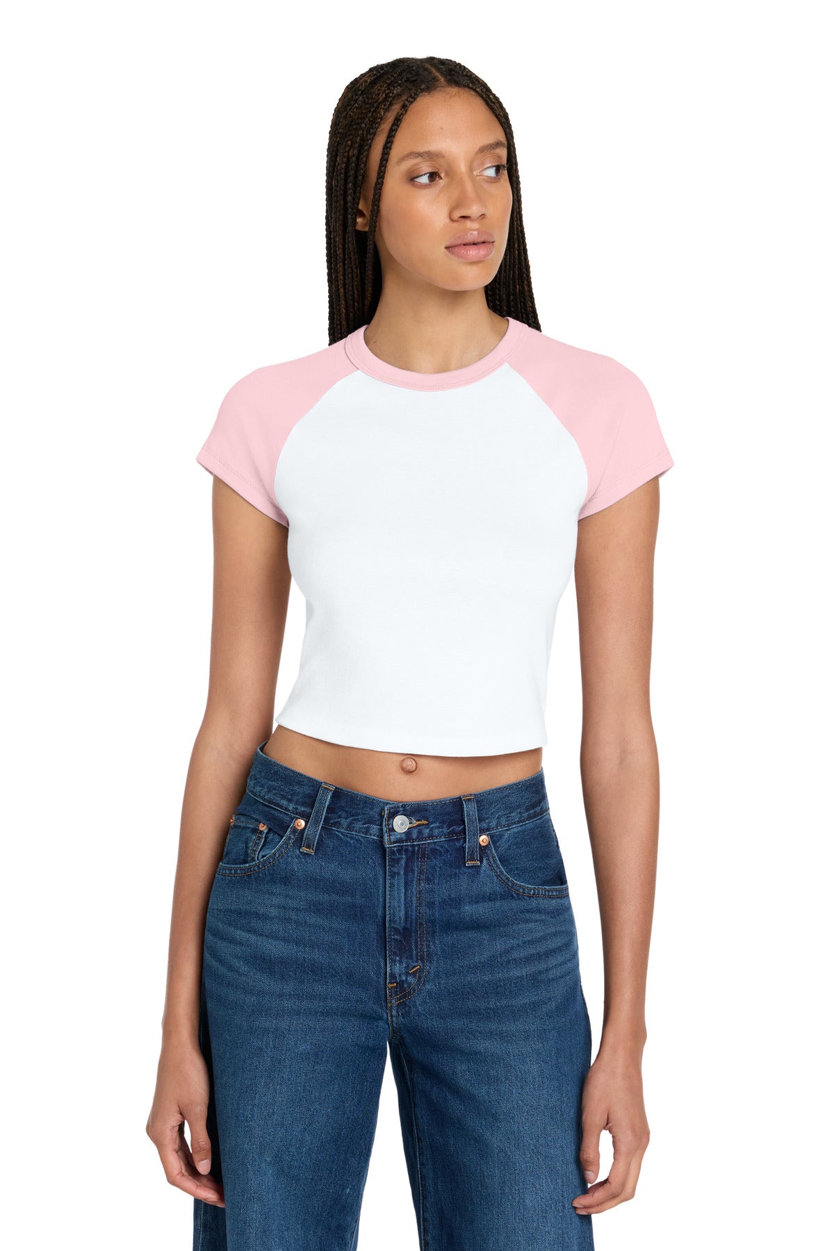 Custom logo BELLA+CANVAS® Women's Micro Rib Raglan Baby Tee BC1201 in White/ Pink