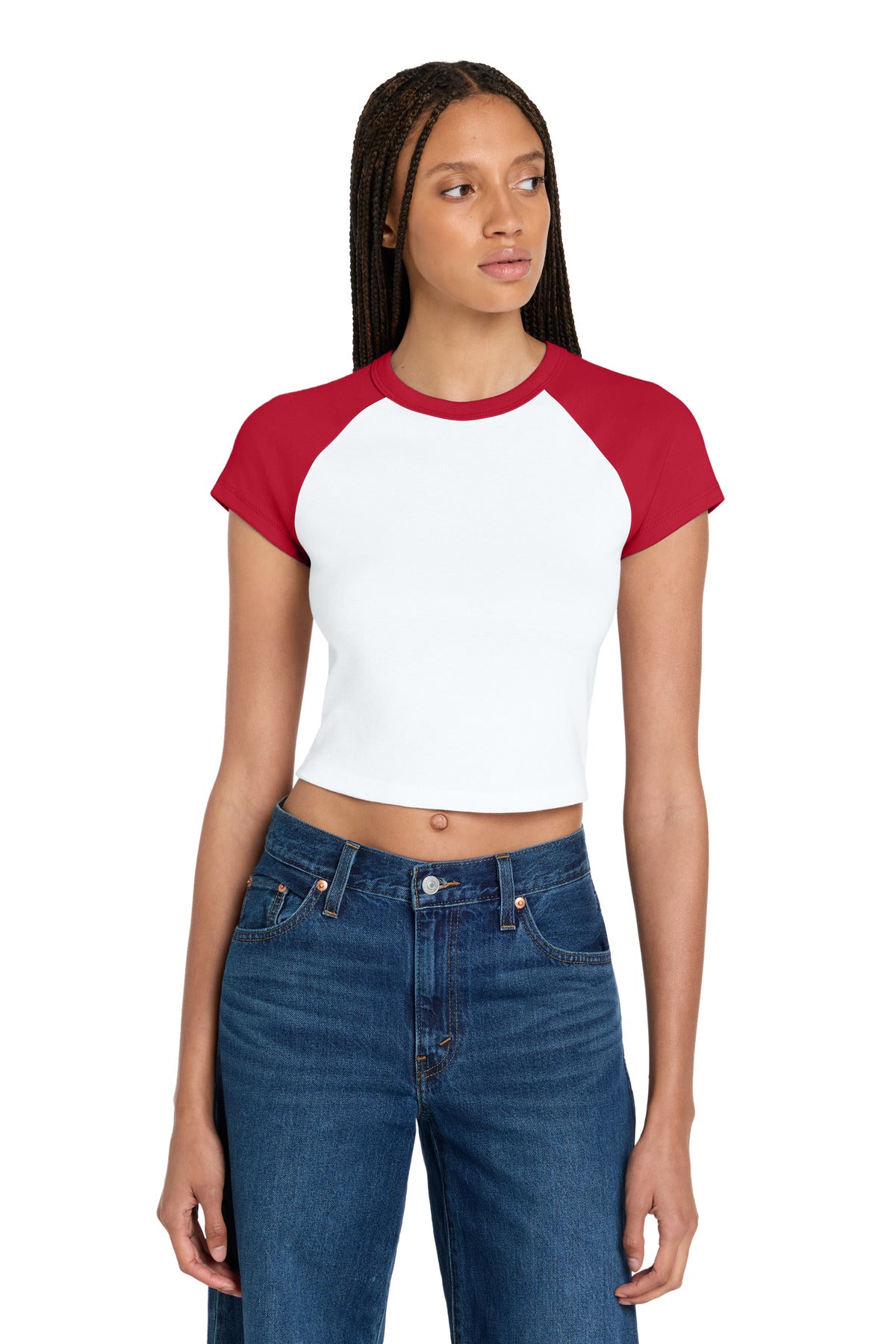 Custom logo BELLA+CANVAS® Women's Micro Rib Raglan Baby Tee BC1201 in White/ Red