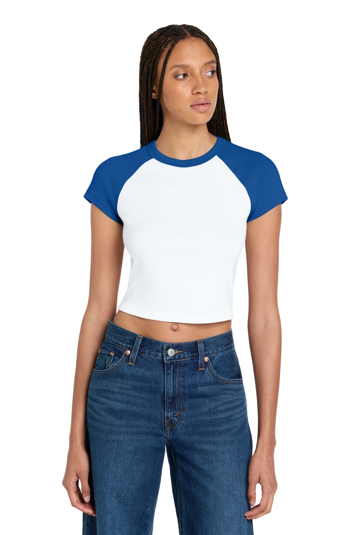 Custom logo BELLA+CANVAS® Women's Micro Rib Raglan Baby Tee BC1201 in White/ True Royal