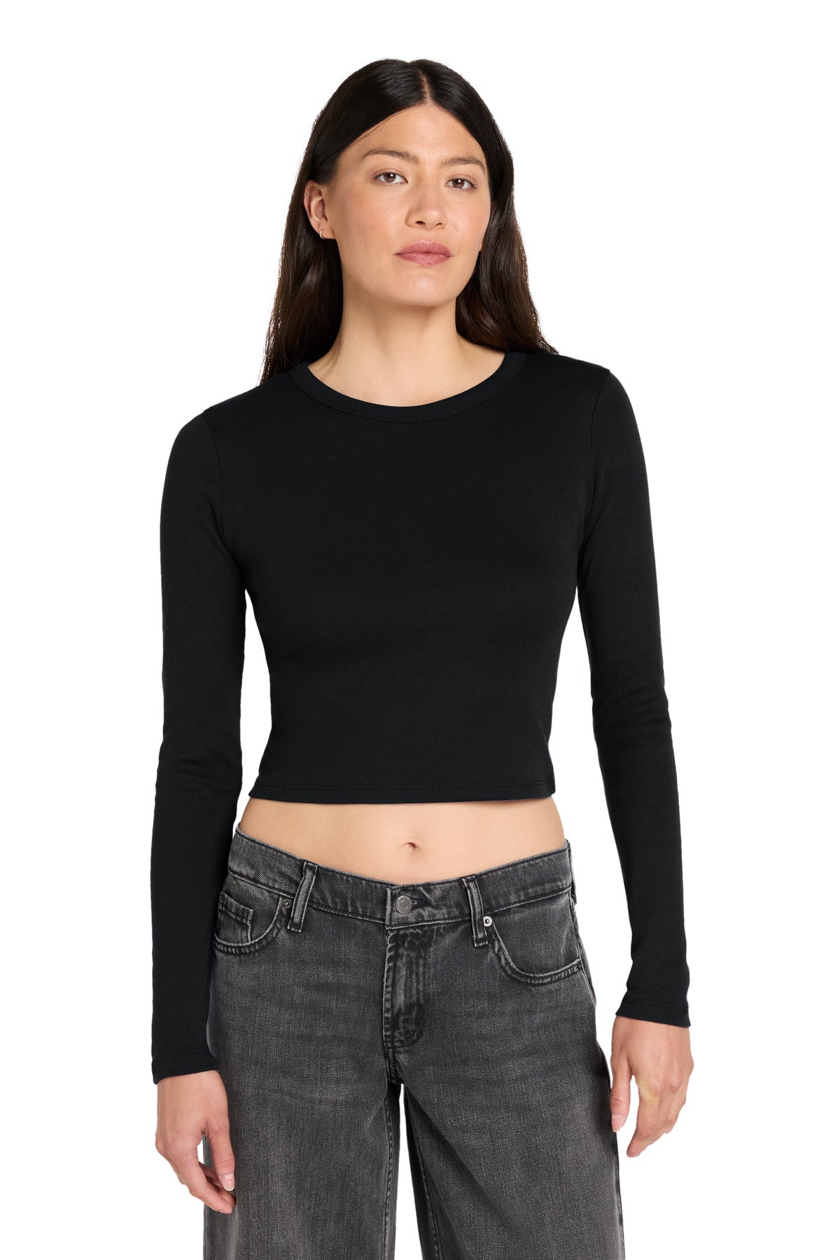 Custom logo BELLA+CANVAS® Women's Micro Rib Long Sleeve Baby Tee BC1501 in Solid Black Blend