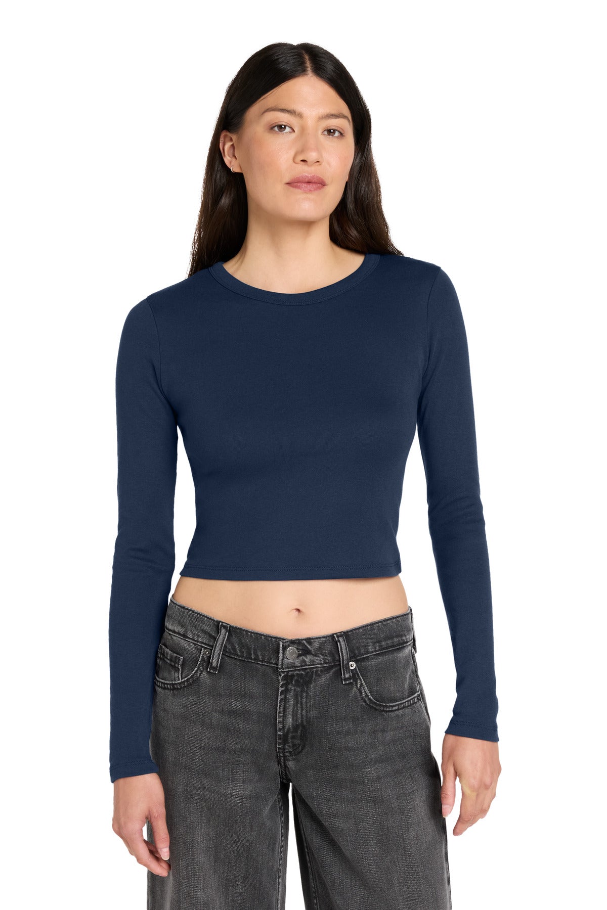 Custom logo BELLA+CANVAS® Women's Micro Rib Long Sleeve Baby Tee BC1501 in Solid Navy Blend