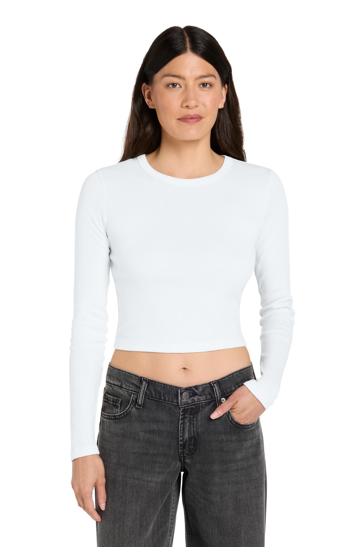 Custom logo BELLA+CANVAS® Women's Micro Rib Long Sleeve Baby Tee BC1501 in Solid White Blend