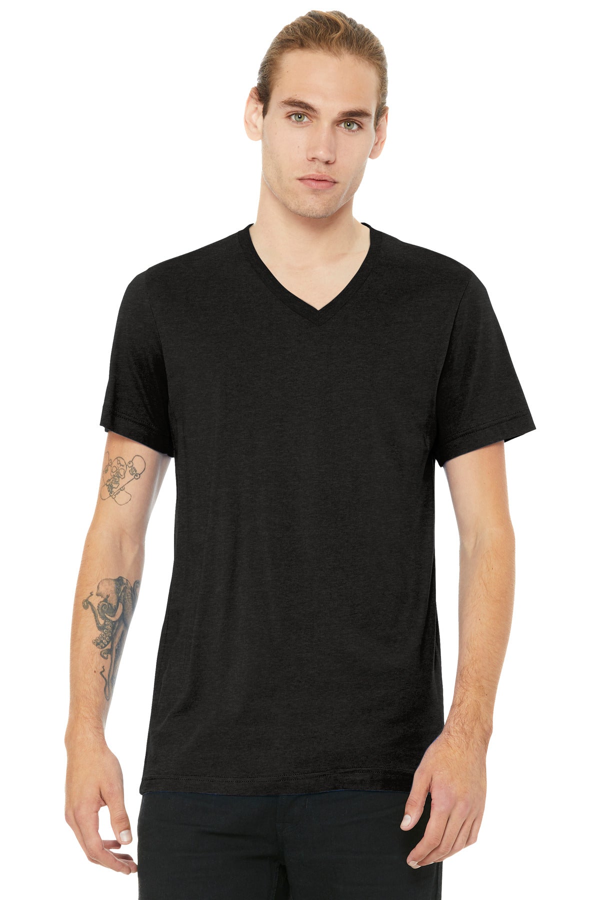 Custom logo BELLA+CANVAS® Unisex Heather CVC V-Neck Tee BC3005CVC in Black Heather