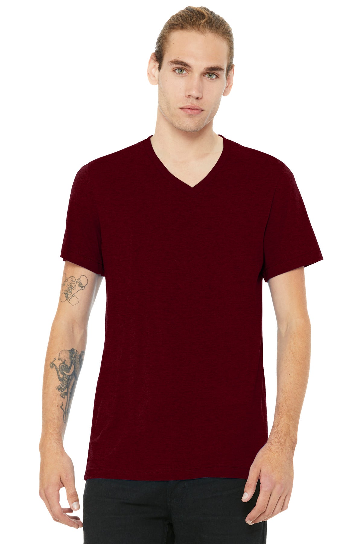 Custom logo BELLA+CANVAS® Unisex Heather CVC V-Neck Tee BC3005CVC in Heather Cardinal