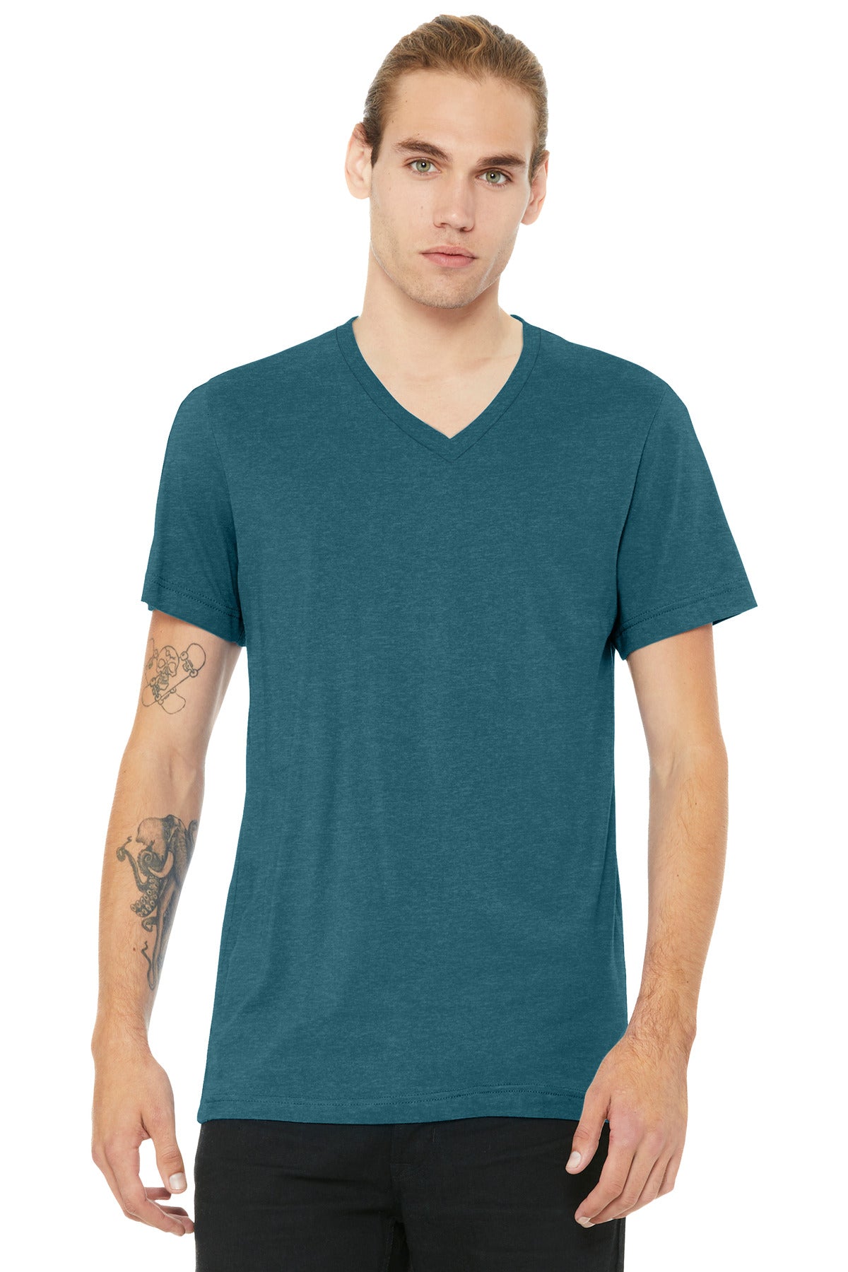 Custom logo BELLA+CANVAS® Unisex Heather CVC V-Neck Tee BC3005CVC in Heather Deep Teal