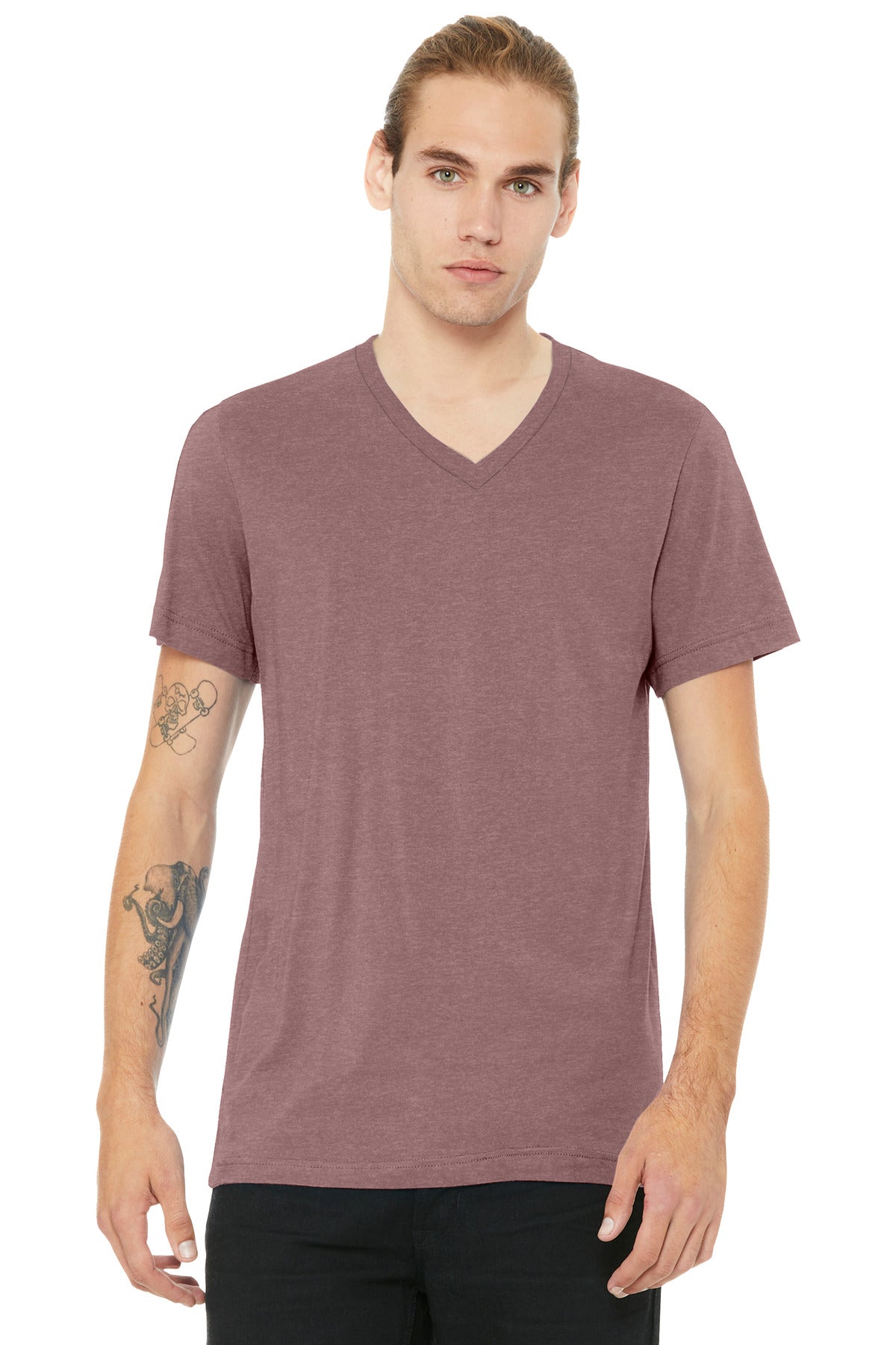 Custom logo BELLA+CANVAS® Unisex Heather CVC V-Neck Tee BC3005CVC in Heather Mauve