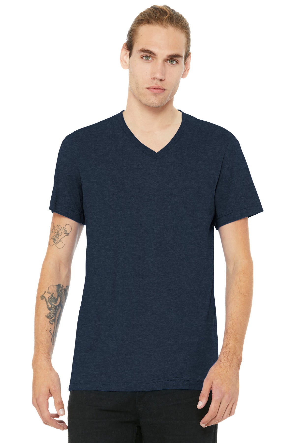 Custom logo BELLA+CANVAS® Unisex Heather CVC V-Neck Tee BC3005CVC in Heather Navy