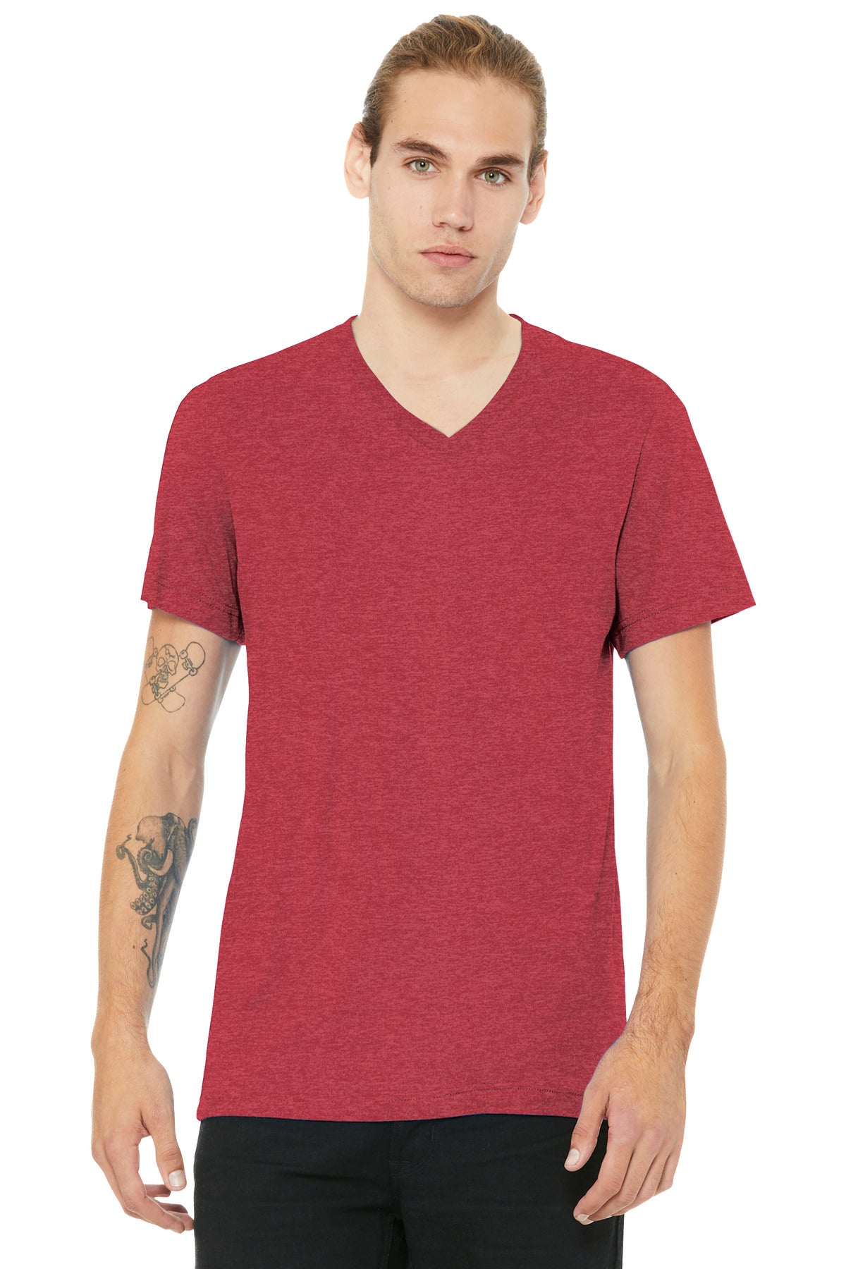 Custom logo BELLA+CANVAS® Unisex Heather CVC V-Neck Tee BC3005CVC in Heather Red