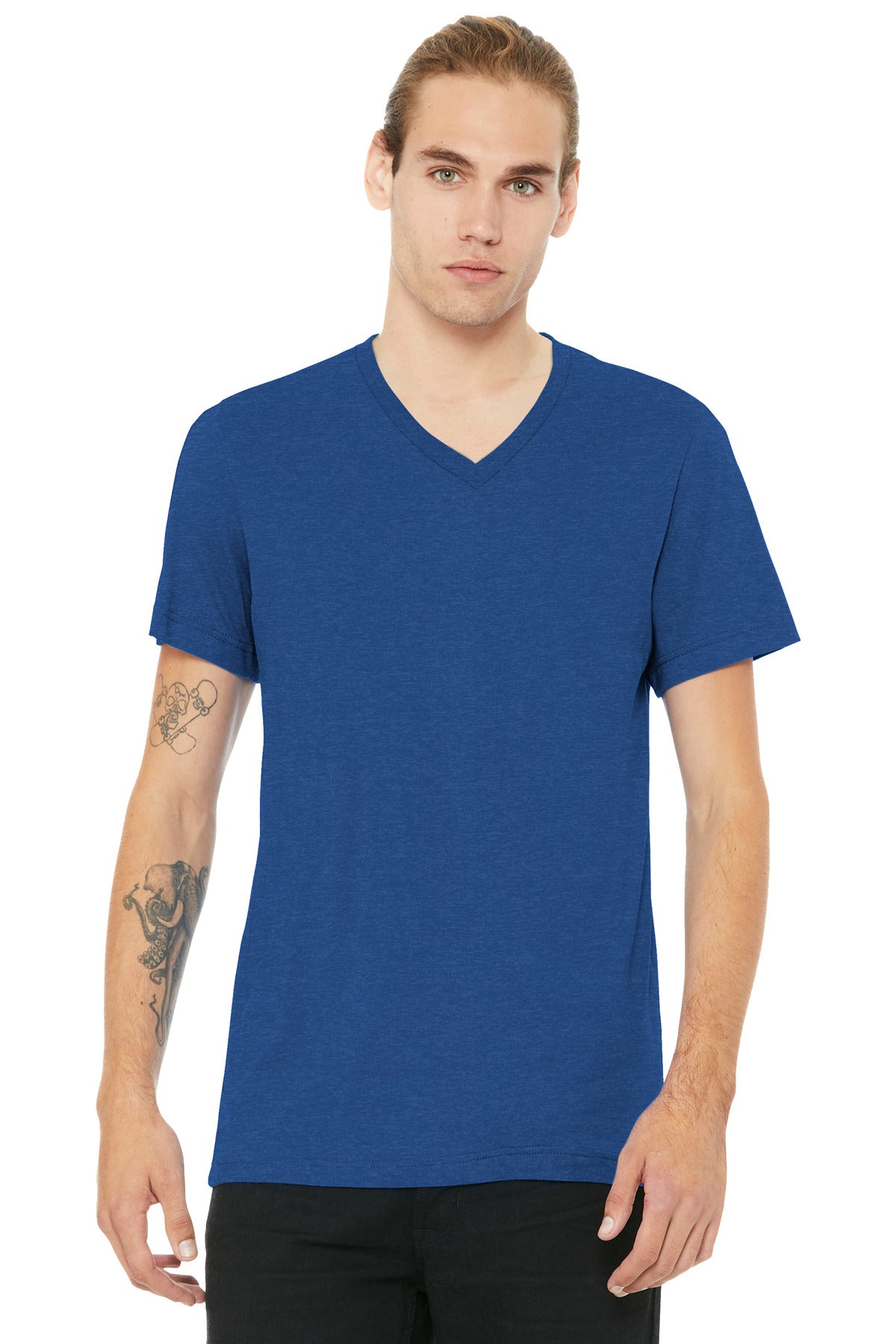 Custom logo BELLA+CANVAS® Unisex Heather CVC V-Neck Tee BC3005CVC in Heather True Royal