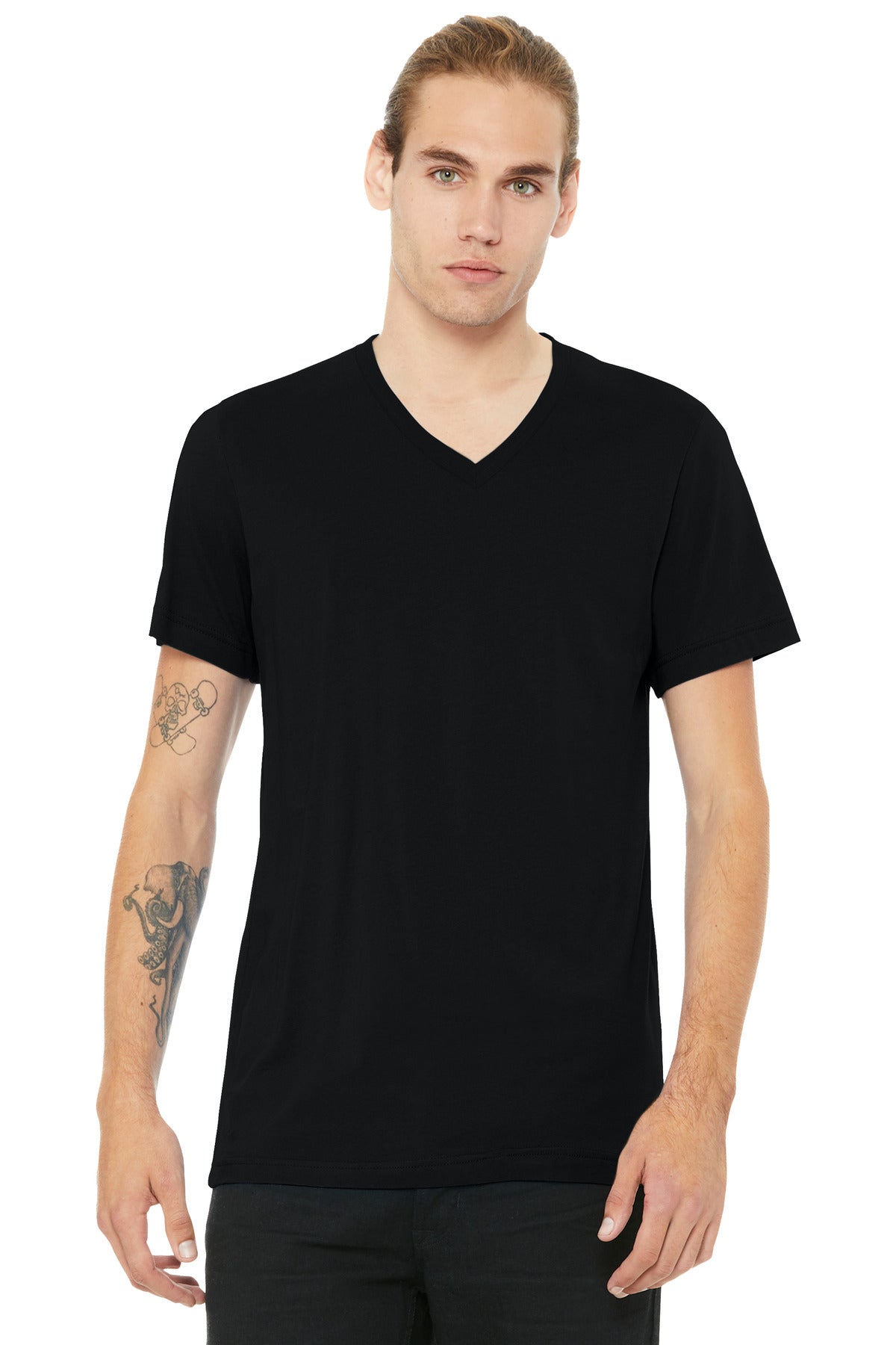 Custom logo BELLA+CANVAS® Unisex Heather CVC V-Neck Tee BC3005CVC in Solid Black Blend