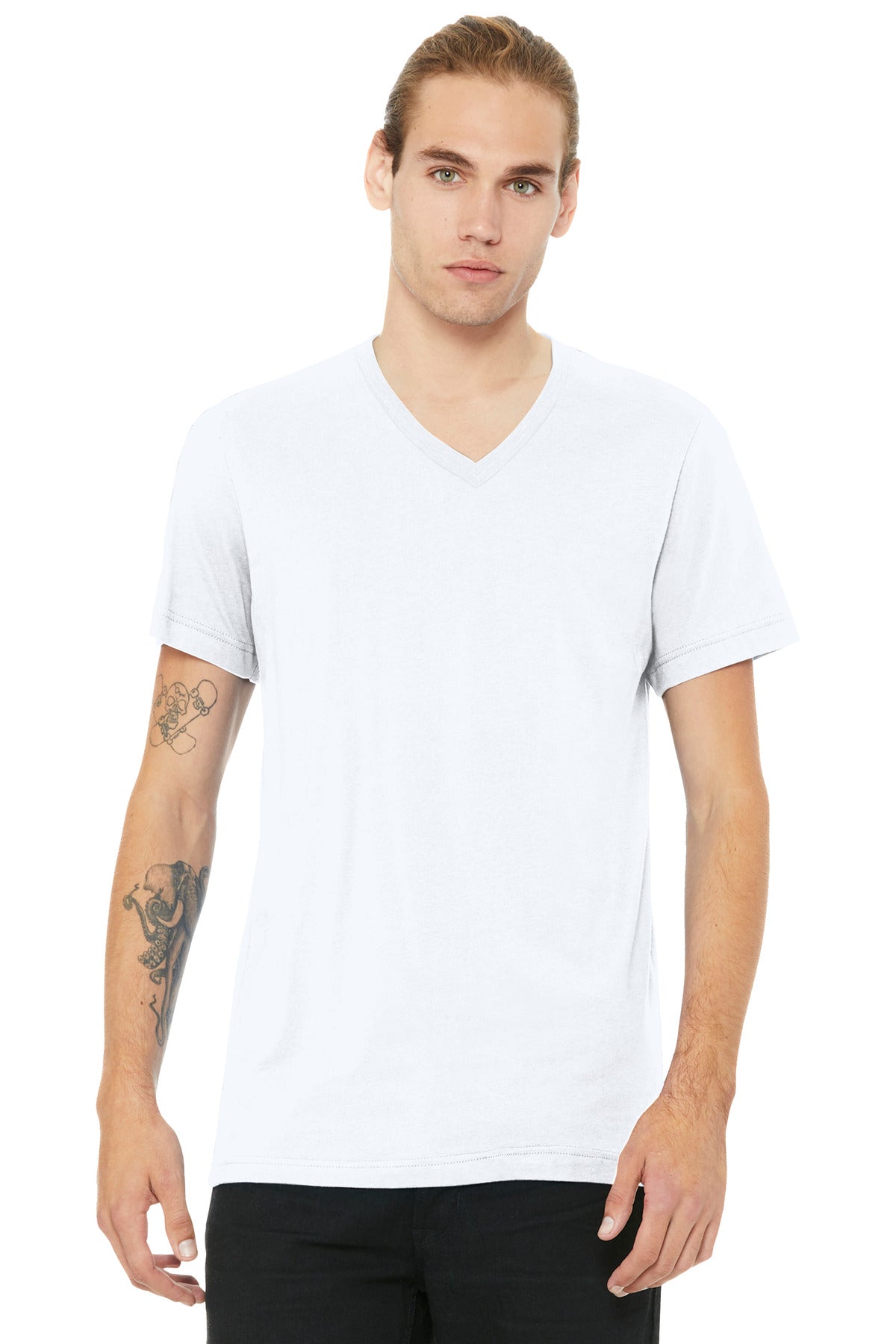 Custom logo BELLA+CANVAS® Unisex Heather CVC V-Neck Tee BC3005CVC in Solid White Blend
