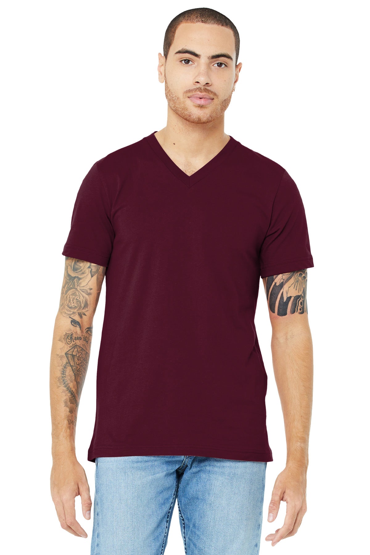 Custom logo BELLA+CANVAS ® Unisex Jersey Short Sleeve V-Neck Tee. BC3005 in Maroon