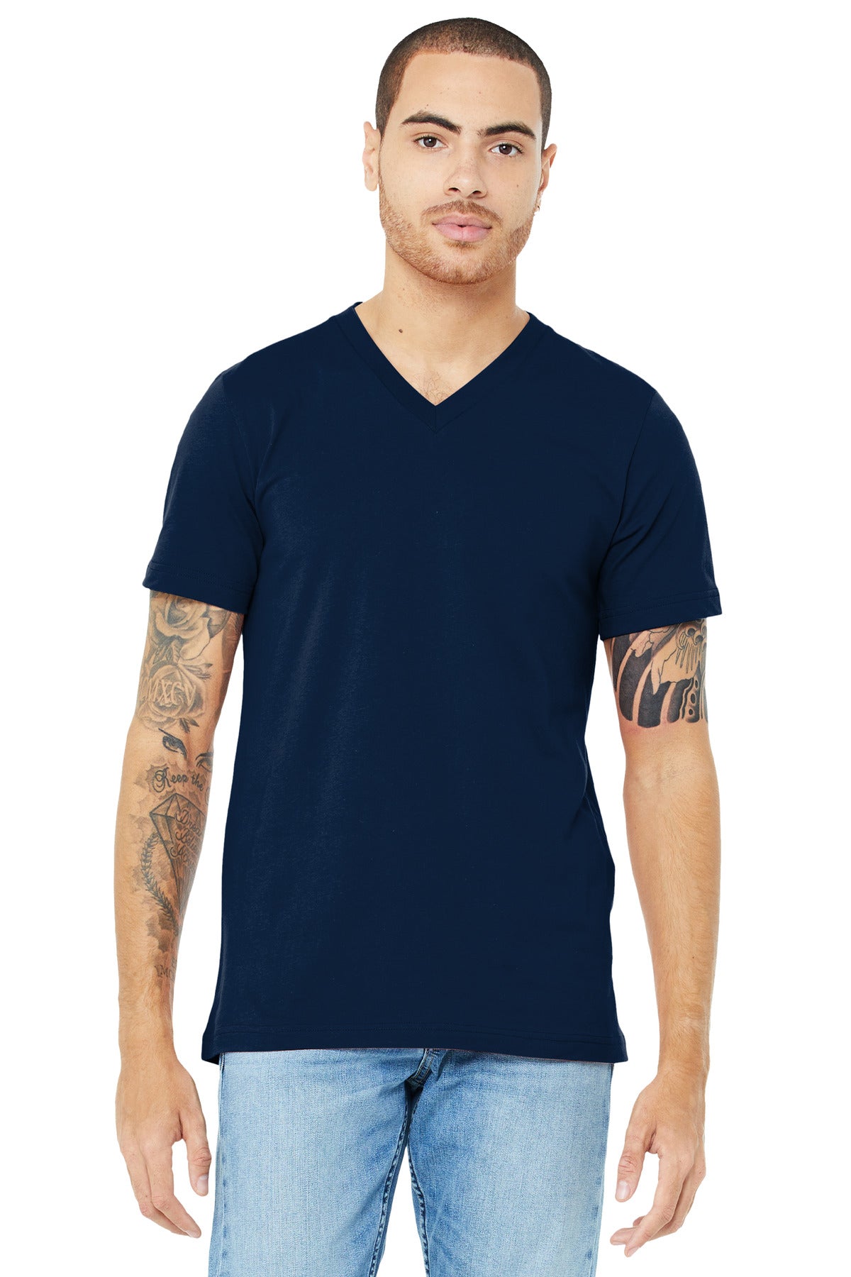 Custom logo BELLA+CANVAS ® Unisex Jersey Short Sleeve V-Neck Tee. BC3005 in Navy