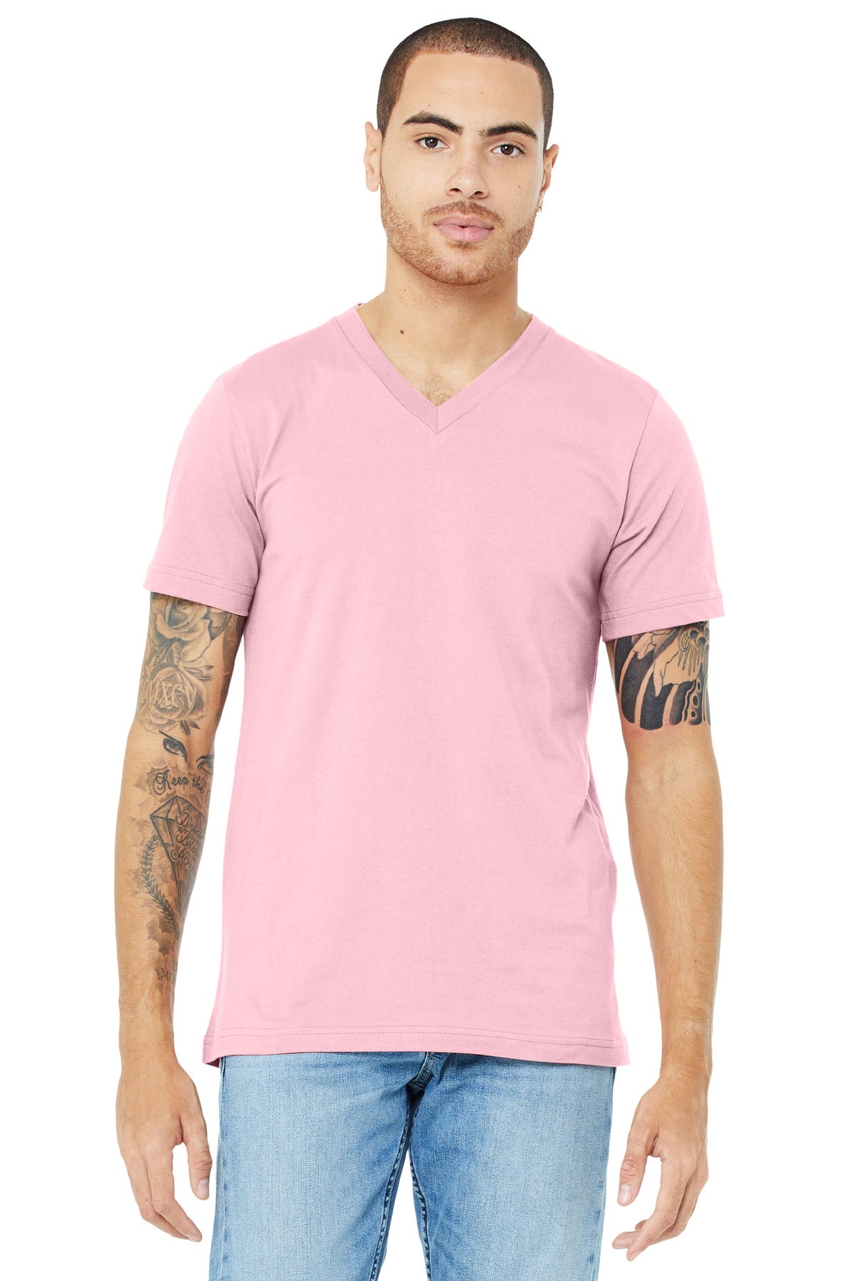 Custom logo BELLA+CANVAS ® Unisex Jersey Short Sleeve V-Neck Tee. BC3005 in Pink