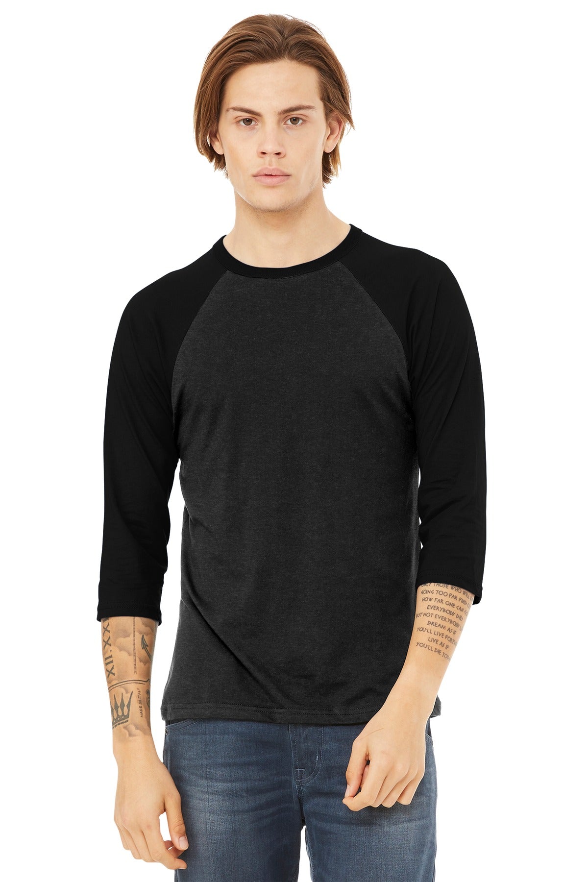 Custom logo BELLA+CANVAS ® Unisex 3/4-Sleeve Baseball Tee. BC3200 in Black Heather/ Black