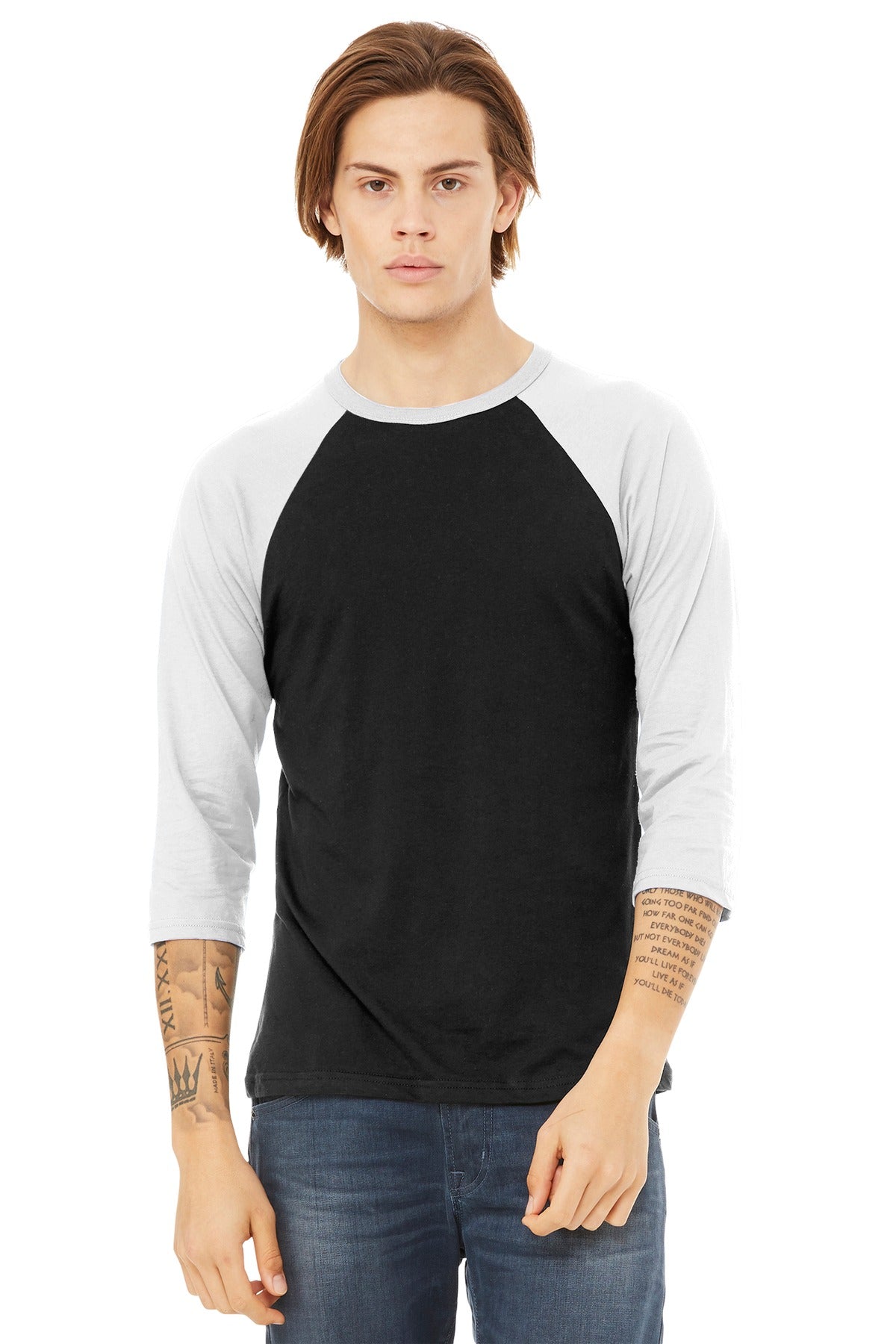 Custom logo BELLA+CANVAS ® Unisex 3/4-Sleeve Baseball Tee. BC3200 in Black/ White