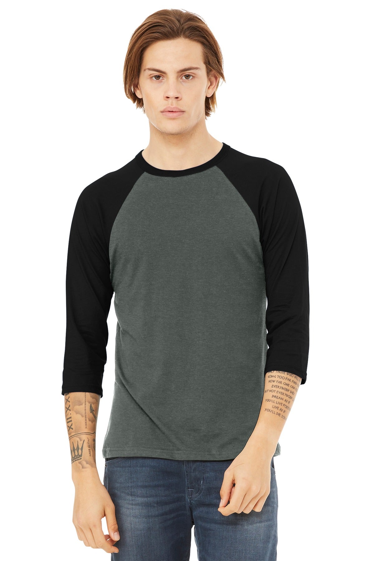 Custom logo BELLA+CANVAS ® Unisex 3/4-Sleeve Baseball Tee. BC3200 in Deep Heather/ Black