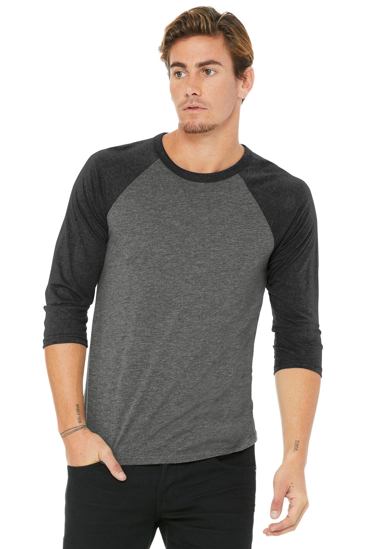 Custom logo BELLA+CANVAS ® Unisex 3/4-Sleeve Baseball Tee. BC3200 in Grey/ Charcoal-Black Triblend
