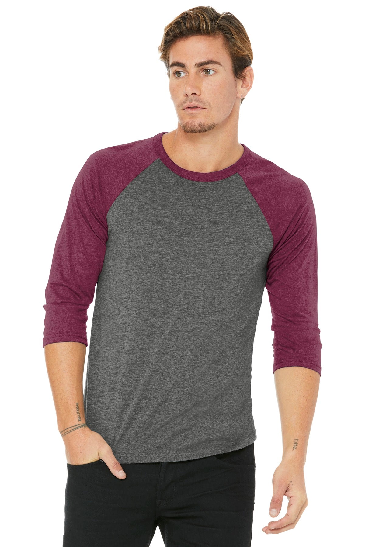 Custom logo BELLA+CANVAS ® Unisex 3/4-Sleeve Baseball Tee. BC3200 in Grey/ Maroon Triblend
