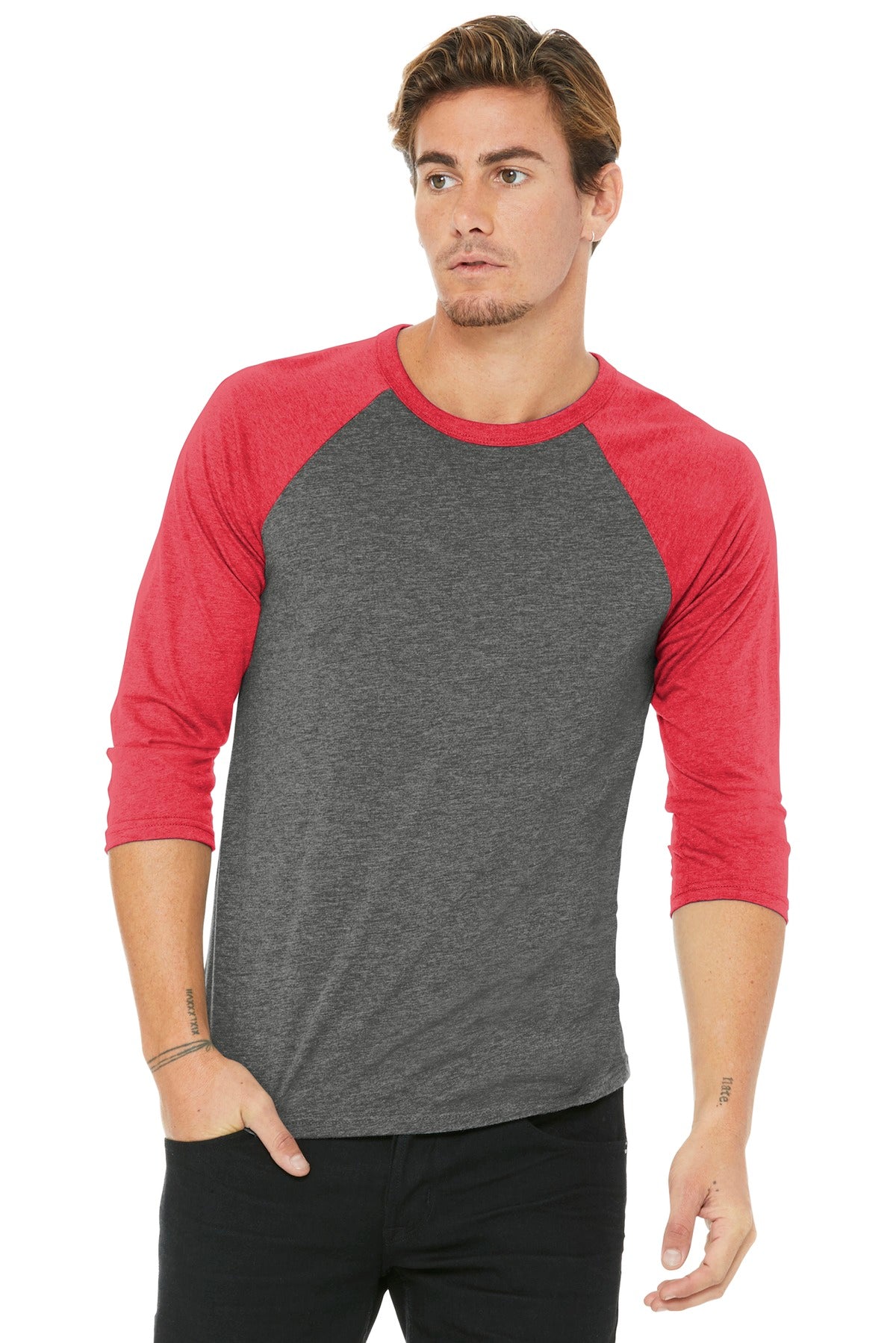Custom logo BELLA+CANVAS ® Unisex 3/4-Sleeve Baseball Tee. BC3200 in Grey/ Red Triblend