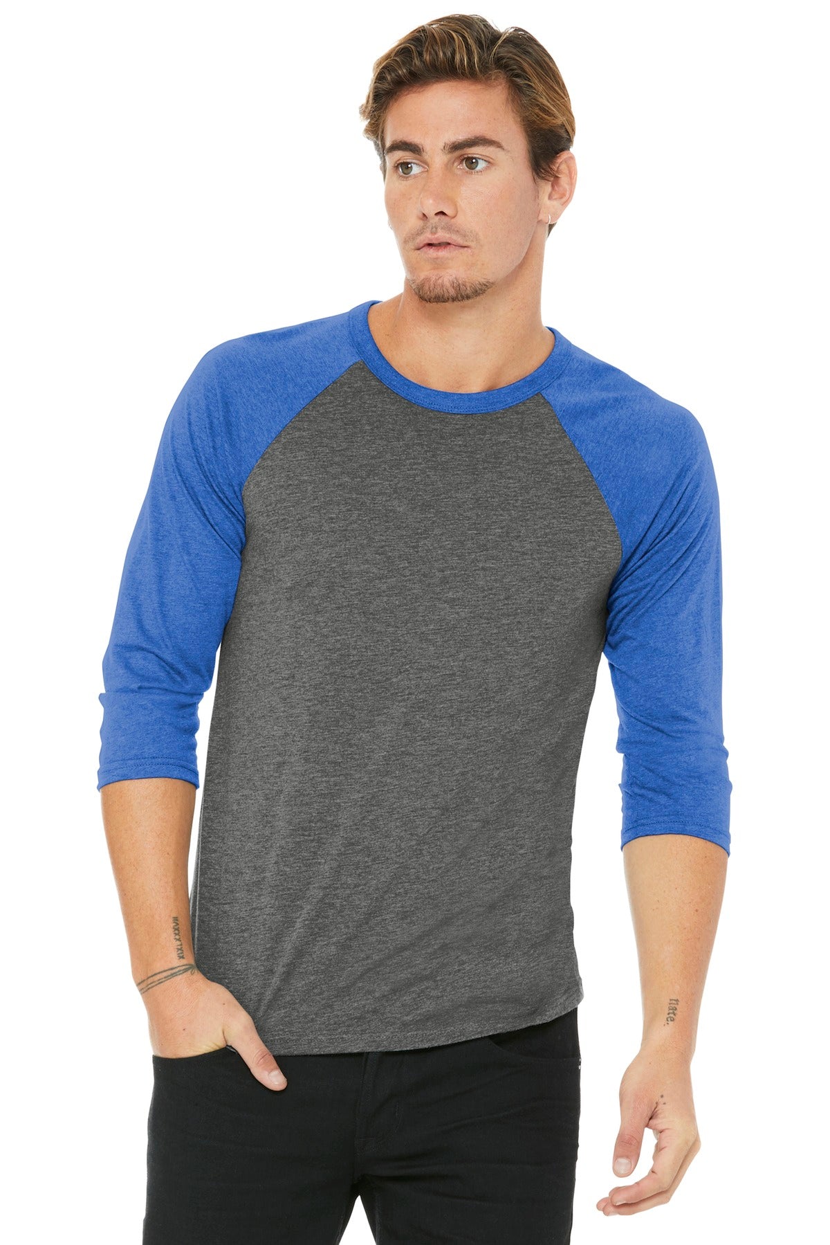 Custom logo BELLA+CANVAS ® Unisex 3/4-Sleeve Baseball Tee. BC3200 in Grey/ True Royal Triblend