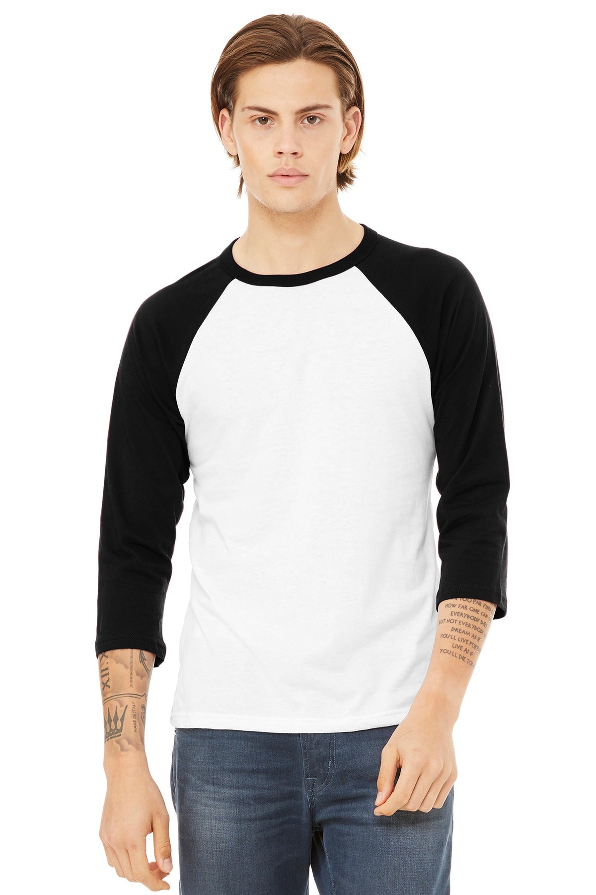 Custom logo BELLA+CANVAS ® Unisex 3/4-Sleeve Baseball Tee. BC3200 in White/ Black