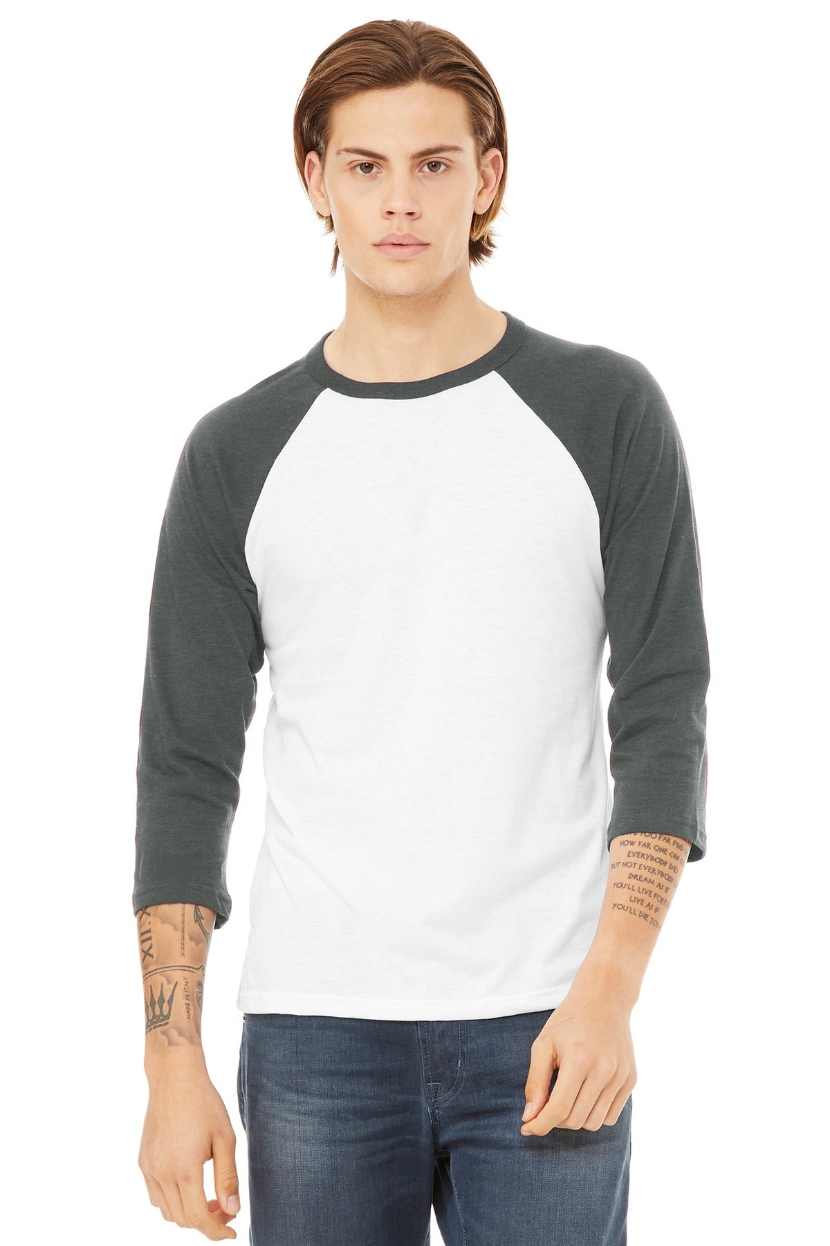 Custom logo BELLA+CANVAS ® Unisex 3/4-Sleeve Baseball Tee. BC3200 in White/ Deep Heather