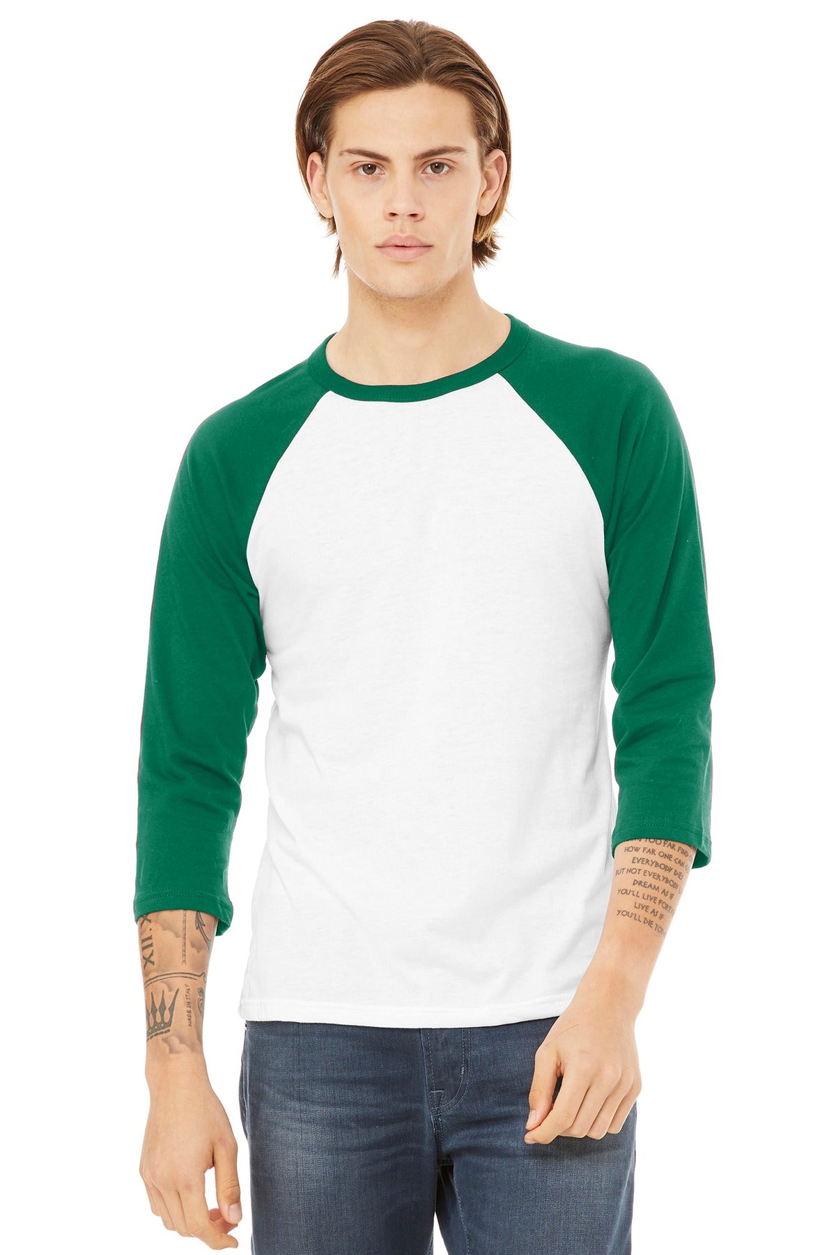 Custom logo BELLA+CANVAS ® Unisex 3/4-Sleeve Baseball Tee. BC3200 in White/ Kelly