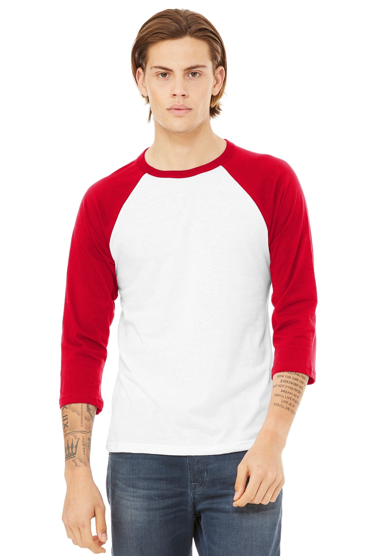 Custom logo BELLA+CANVAS ® Unisex 3/4-Sleeve Baseball Tee. BC3200 in White/ Red