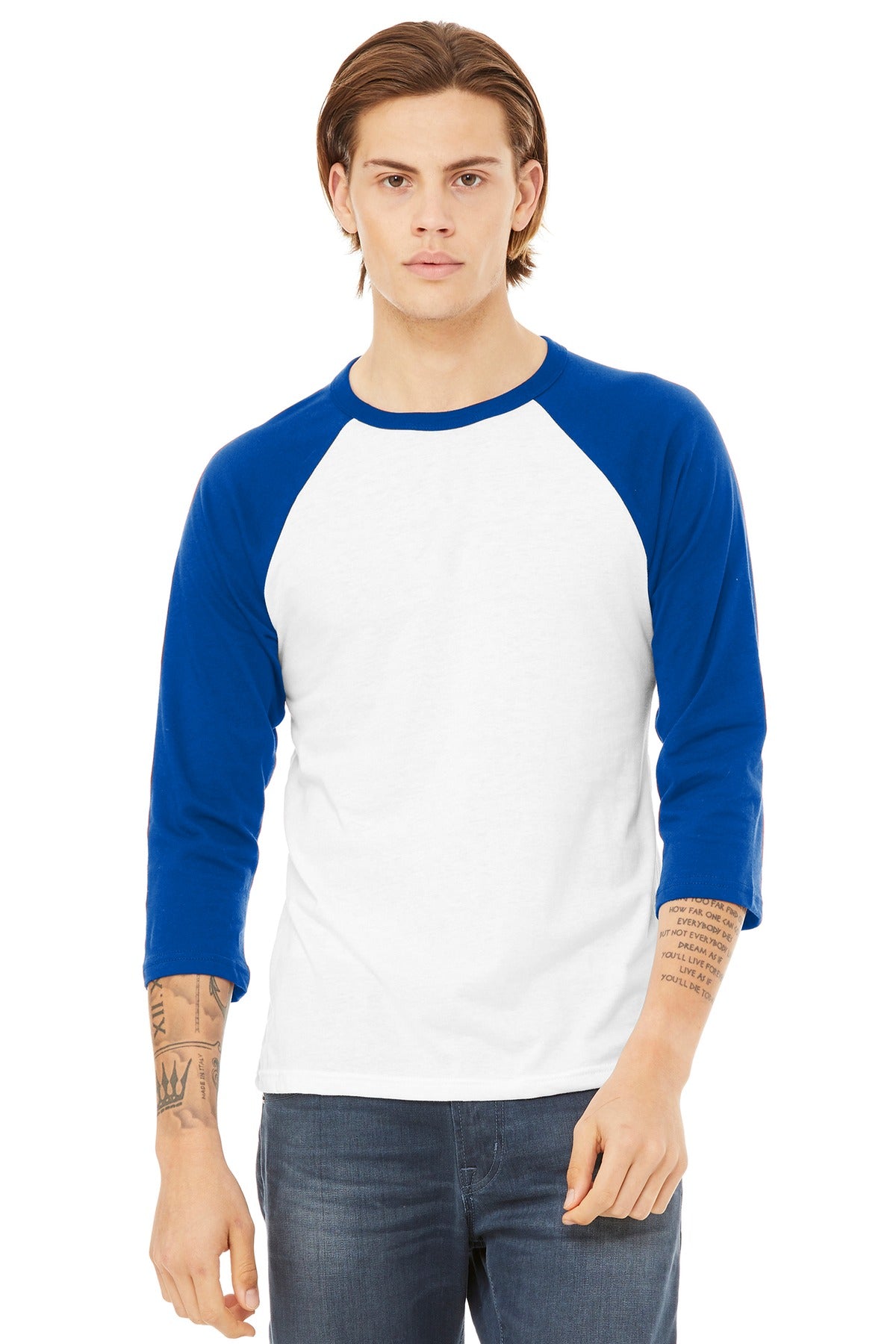 Custom logo BELLA+CANVAS ® Unisex 3/4-Sleeve Baseball Tee. BC3200 in White/ True Royal