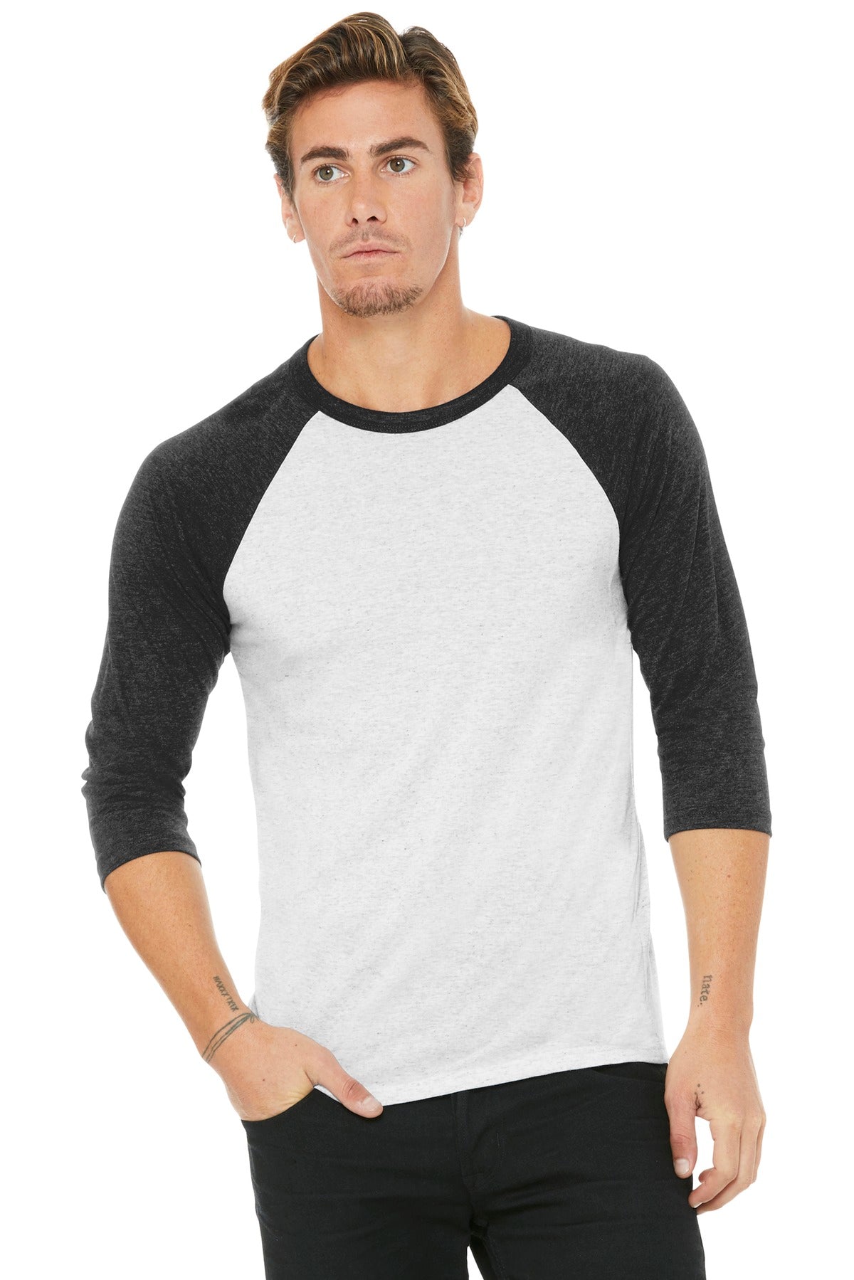 Custom logo BELLA+CANVAS ® Unisex 3/4-Sleeve Baseball Tee. BC3200 in White Fleck/ Charcoal-Black Triblend