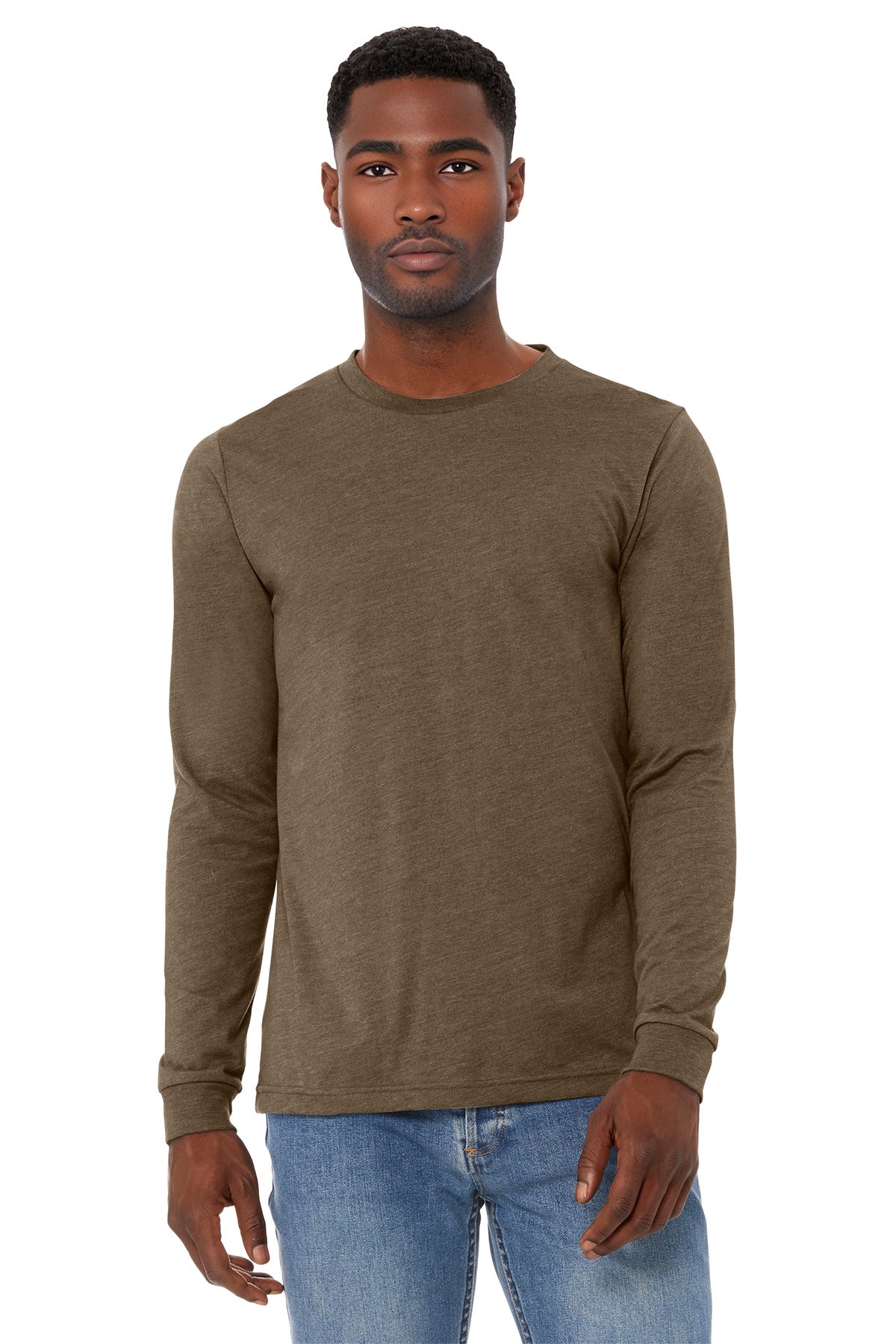 Custom logo BELLA+CANVAS® Unisex Heather CVC Long Sleeve Tee BC3501CVC in Heather Brown