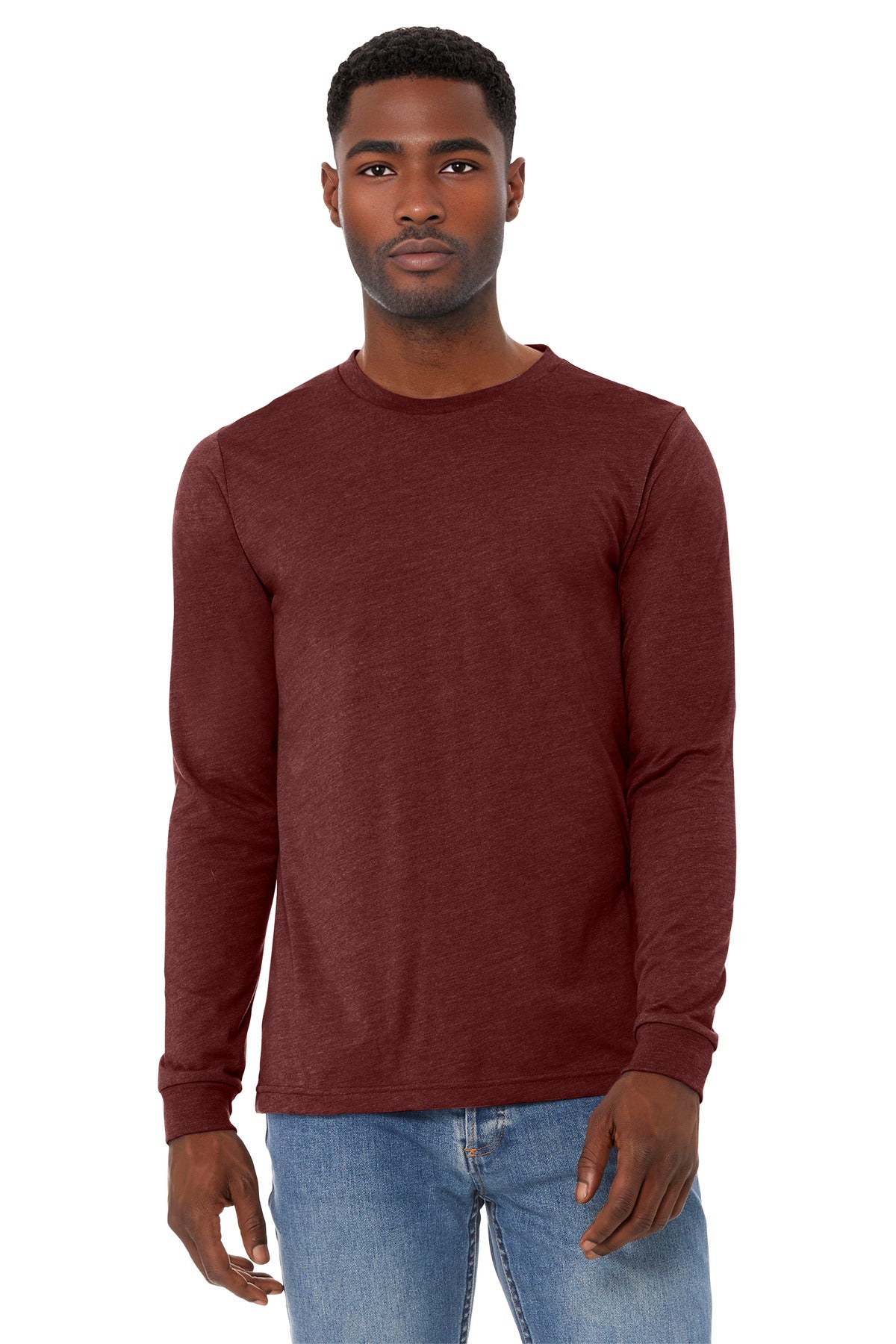 Custom logo BELLA+CANVAS® Unisex Heather CVC Long Sleeve Tee BC3501CVC in Heather Cardinal