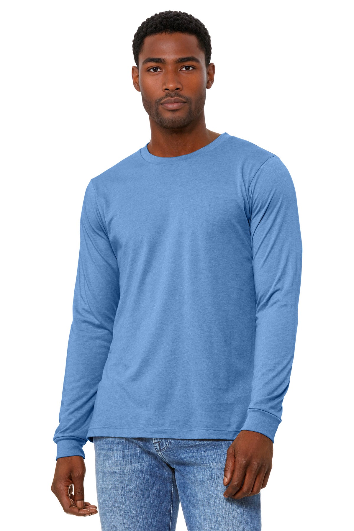 Custom logo BELLA+CANVAS® Unisex Heather CVC Long Sleeve Tee BC3501CVC in Heather Carolina Blue
