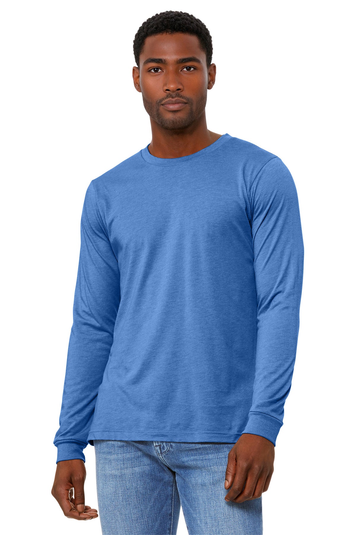 Custom logo BELLA+CANVAS® Unisex Heather CVC Long Sleeve Tee BC3501CVC in Heather Columbia Blue