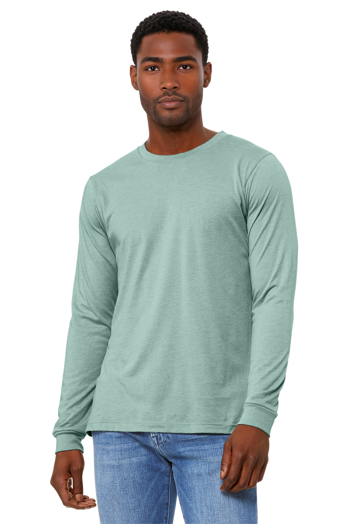 Custom logo BELLA+CANVAS® Unisex Heather CVC Long Sleeve Tee BC3501CVC in Heather Dusty Blue
