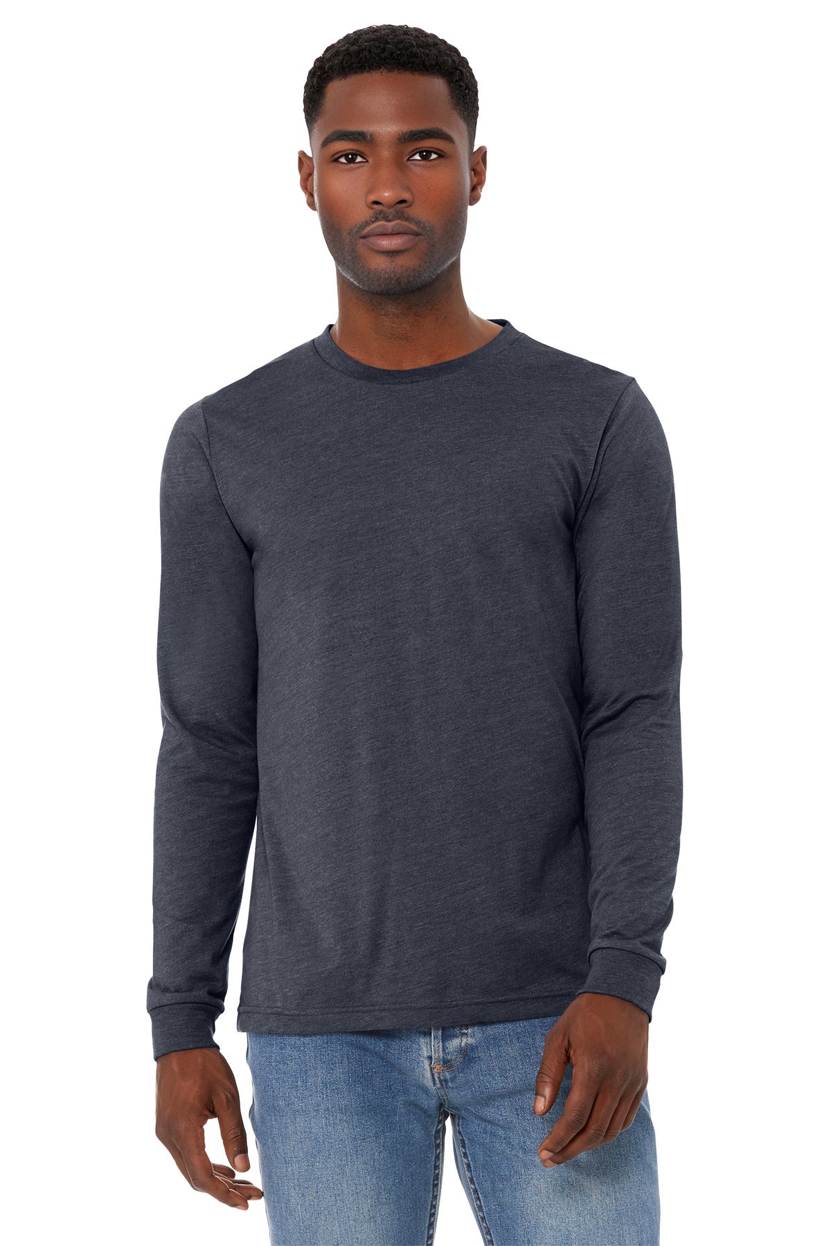 Custom logo BELLA+CANVAS® Unisex Heather CVC Long Sleeve Tee BC3501CVC in Heather Midnight Navy