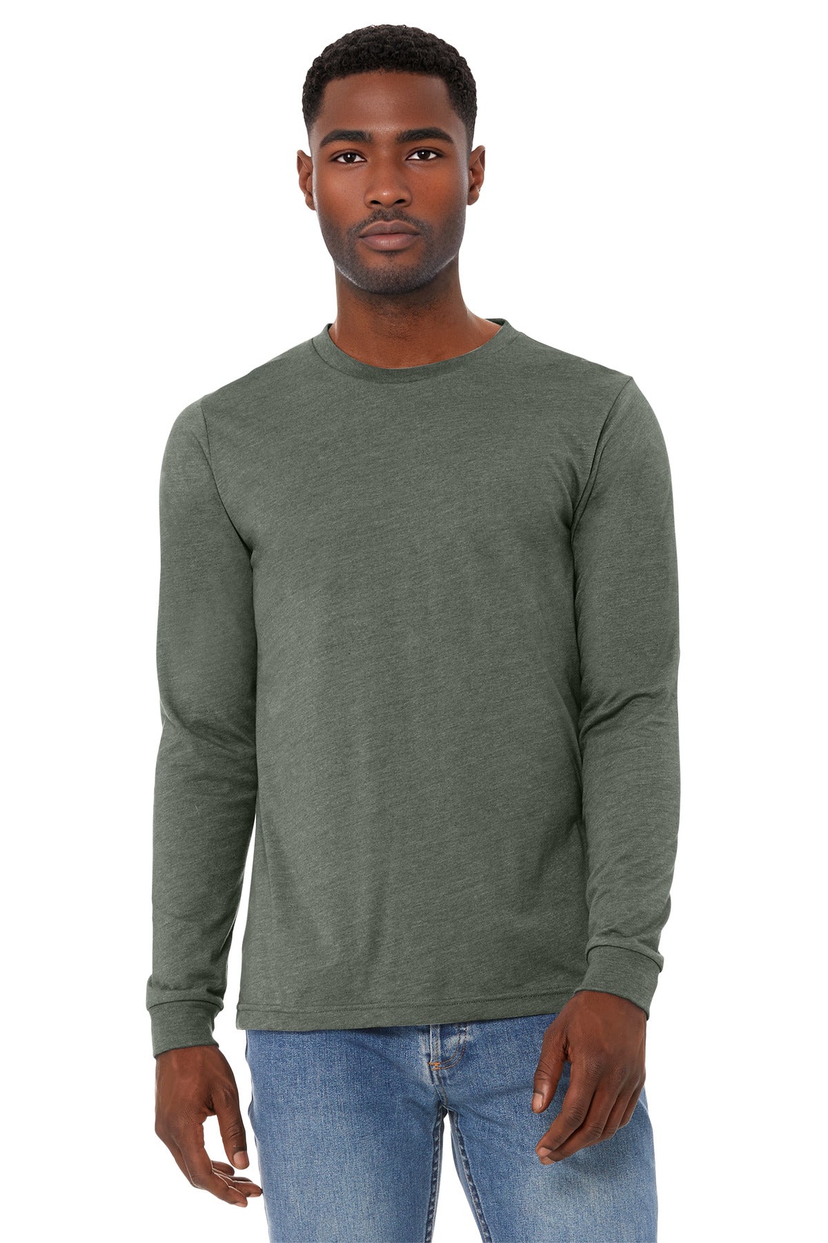 Custom logo BELLA+CANVAS® Unisex Heather CVC Long Sleeve Tee BC3501CVC in Heather Military Green