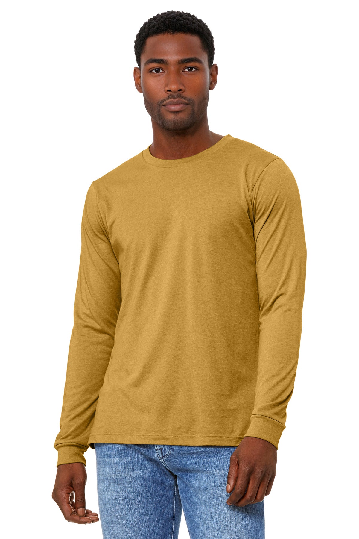 Custom logo BELLA+CANVAS® Unisex Heather CVC Long Sleeve Tee BC3501CVC in Heather Mustard