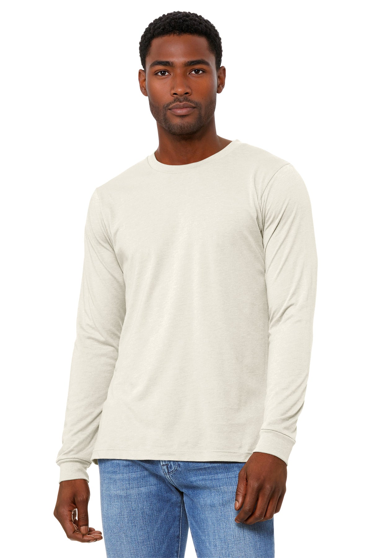 Custom logo BELLA+CANVAS® Unisex Heather CVC Long Sleeve Tee BC3501CVC in Heather Natural