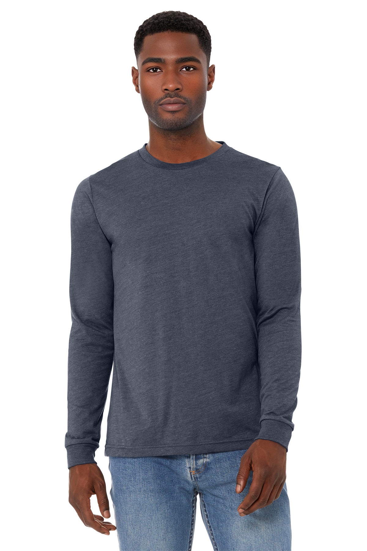 Custom logo BELLA+CANVAS® Unisex Heather CVC Long Sleeve Tee BC3501CVC in Heather Navy