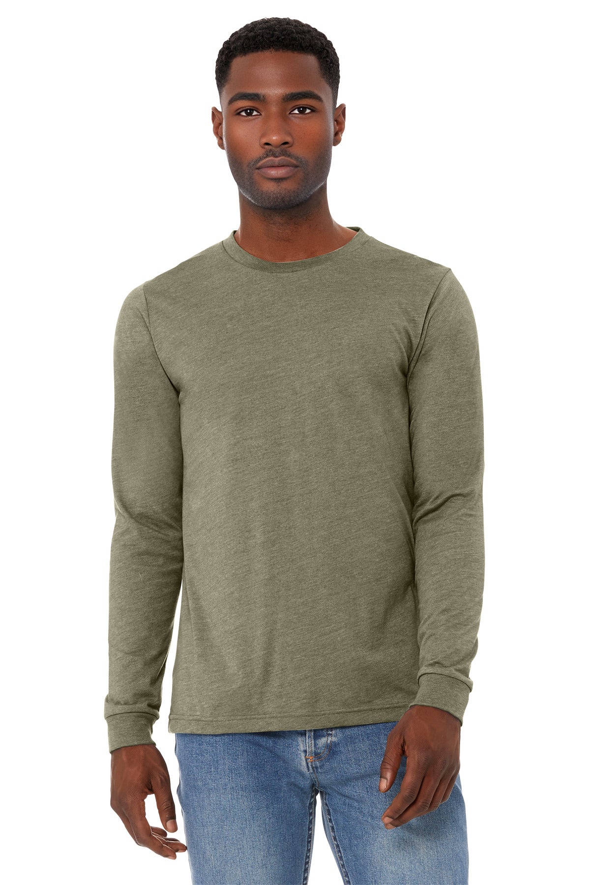 Custom logo BELLA+CANVAS® Unisex Heather CVC Long Sleeve Tee BC3501CVC in Heather Olive